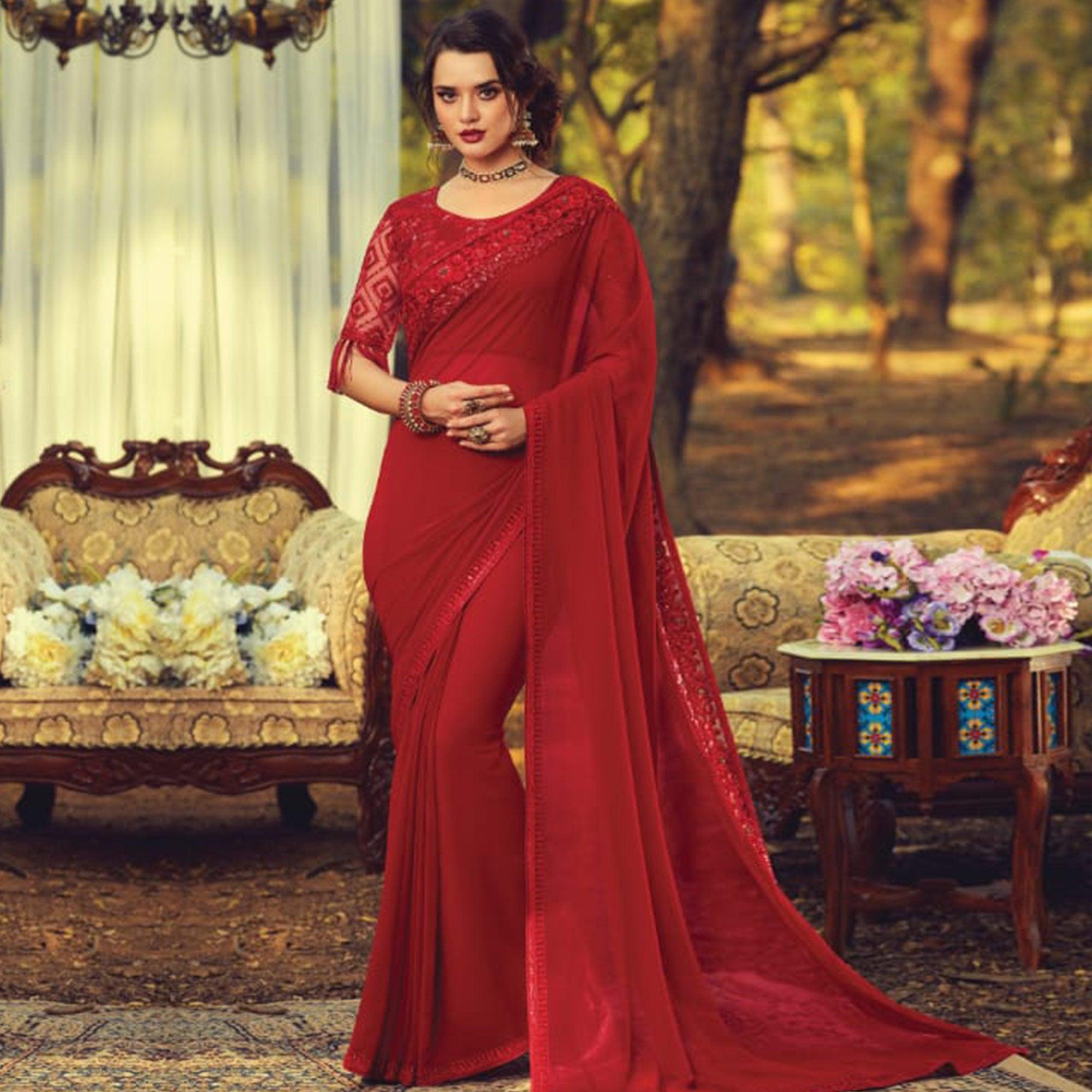 Classy Maroon Colored Partywear Embroidered Georgette Saree - Peachmode