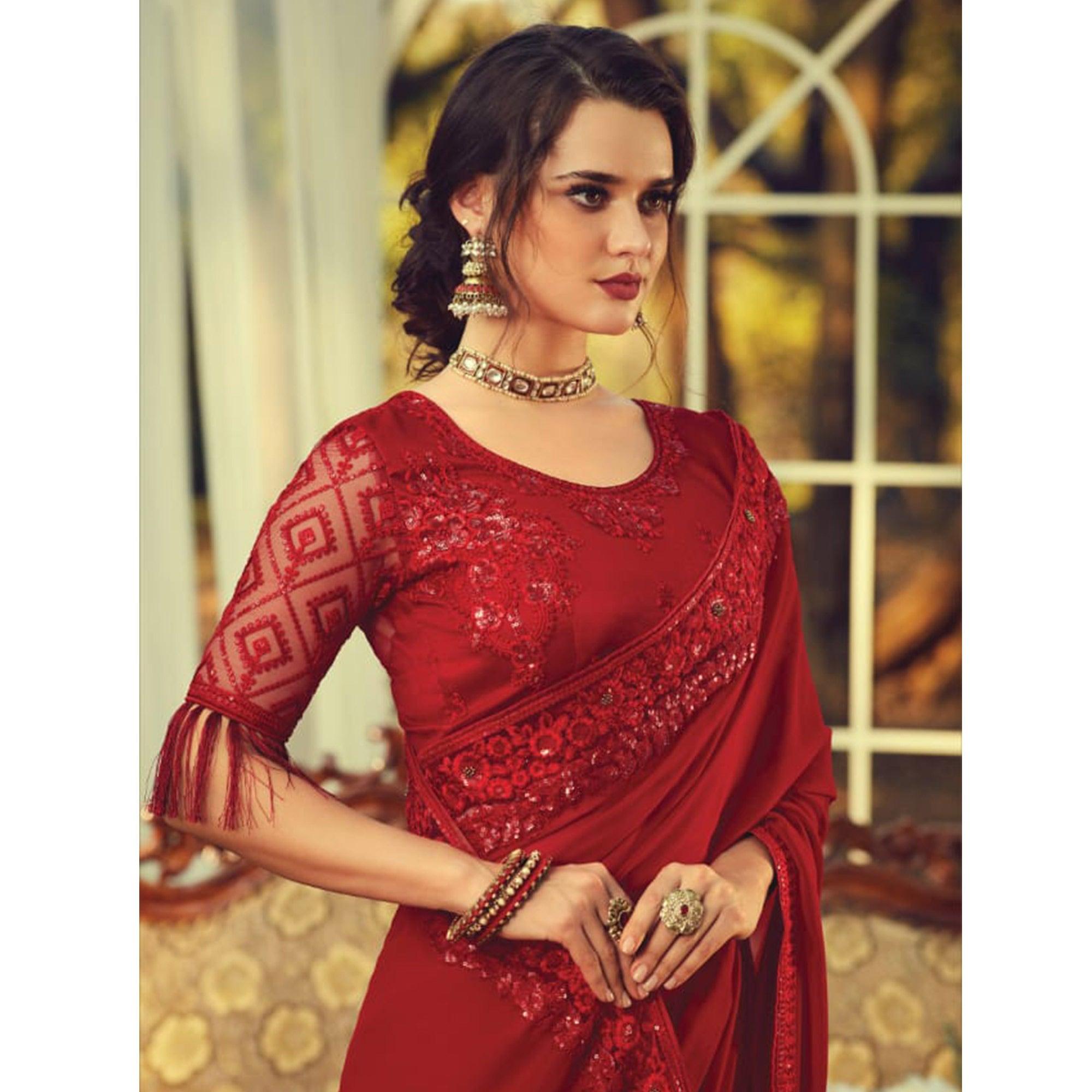 Classy Maroon Colored Partywear Embroidered Georgette Saree - Peachmode