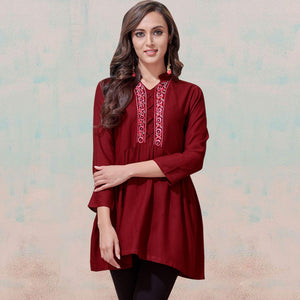 Classy Maroon Colored Partywear Embroidered Rayon Western Top - Peachmode