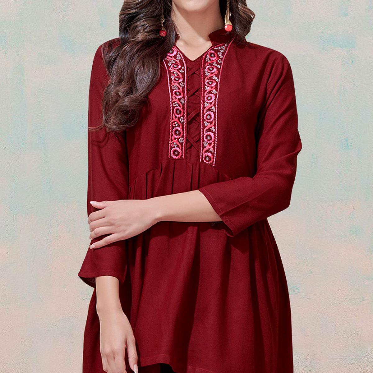 Classy Maroon Colored Partywear Embroidered Rayon Western Top - Peachmode