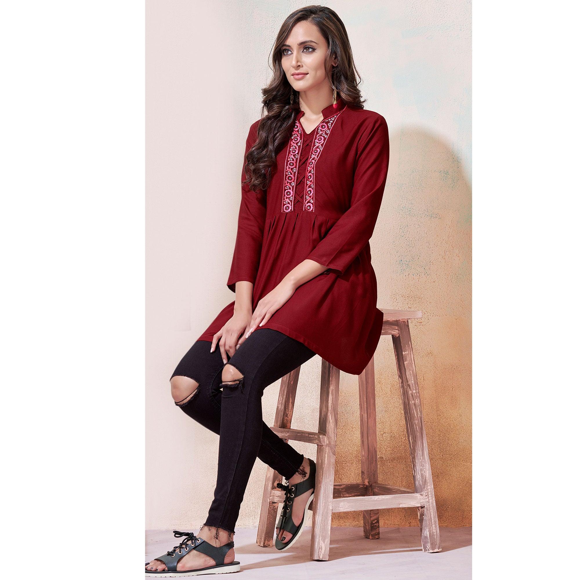 Classy Maroon Colored Partywear Embroidered Rayon Western Top - Peachmode