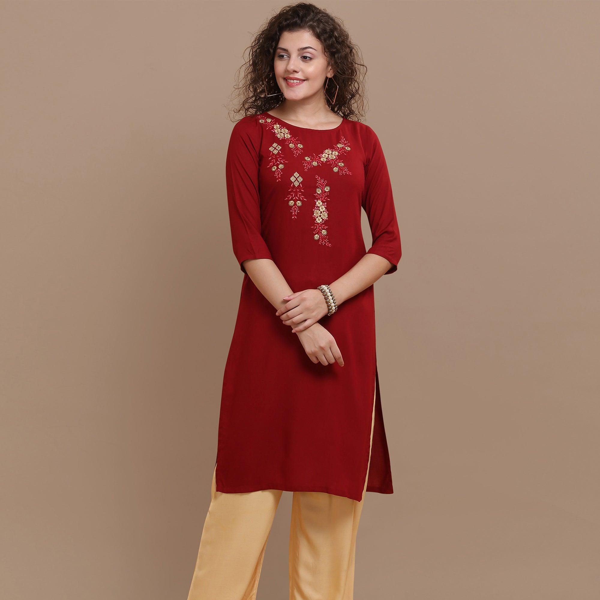 Classy Maroon Colored Partywear Floral Embroidered Rayon Kurti - Peachmode