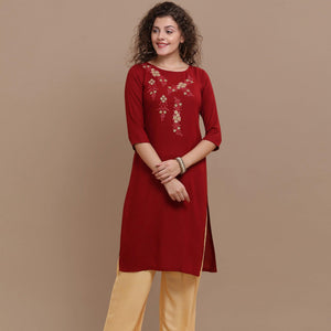 Classy Maroon Colored Partywear Floral Embroidered Rayon Kurti - Peachmode