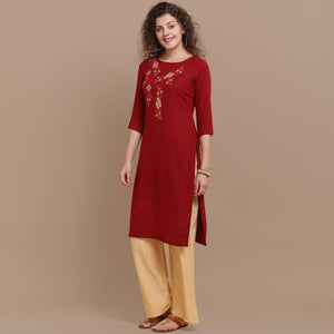 Classy Maroon Colored Partywear Floral Embroidered Rayon Kurti - Peachmode