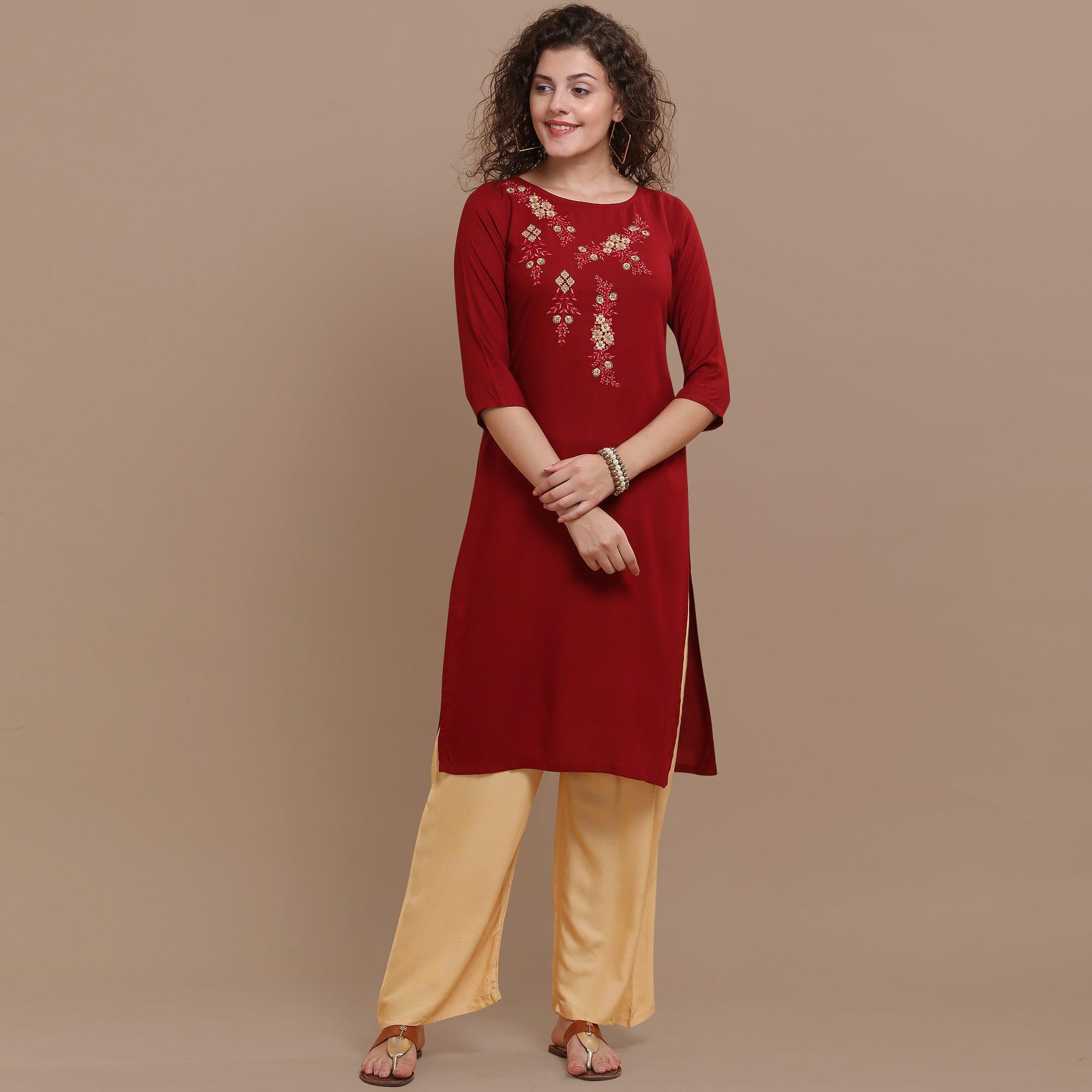 Classy Maroon Colored Partywear Floral Embroidered Rayon Kurti - Peachmode
