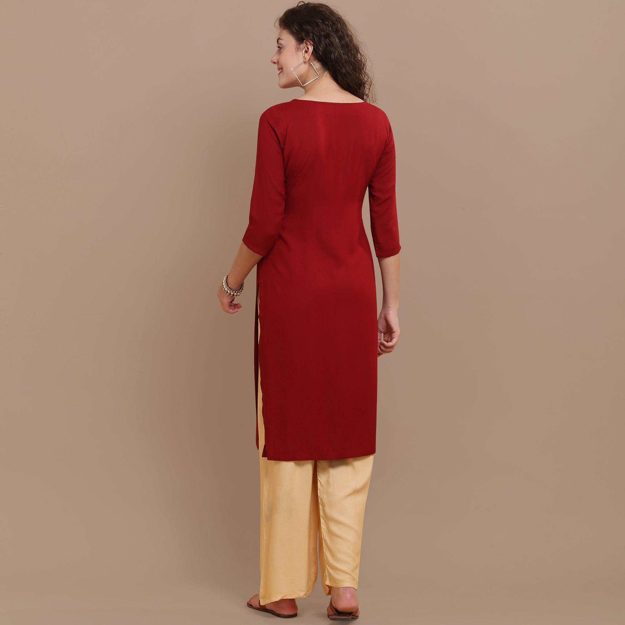 Classy Maroon Colored Partywear Floral Embroidered Rayon Kurti - Peachmode
