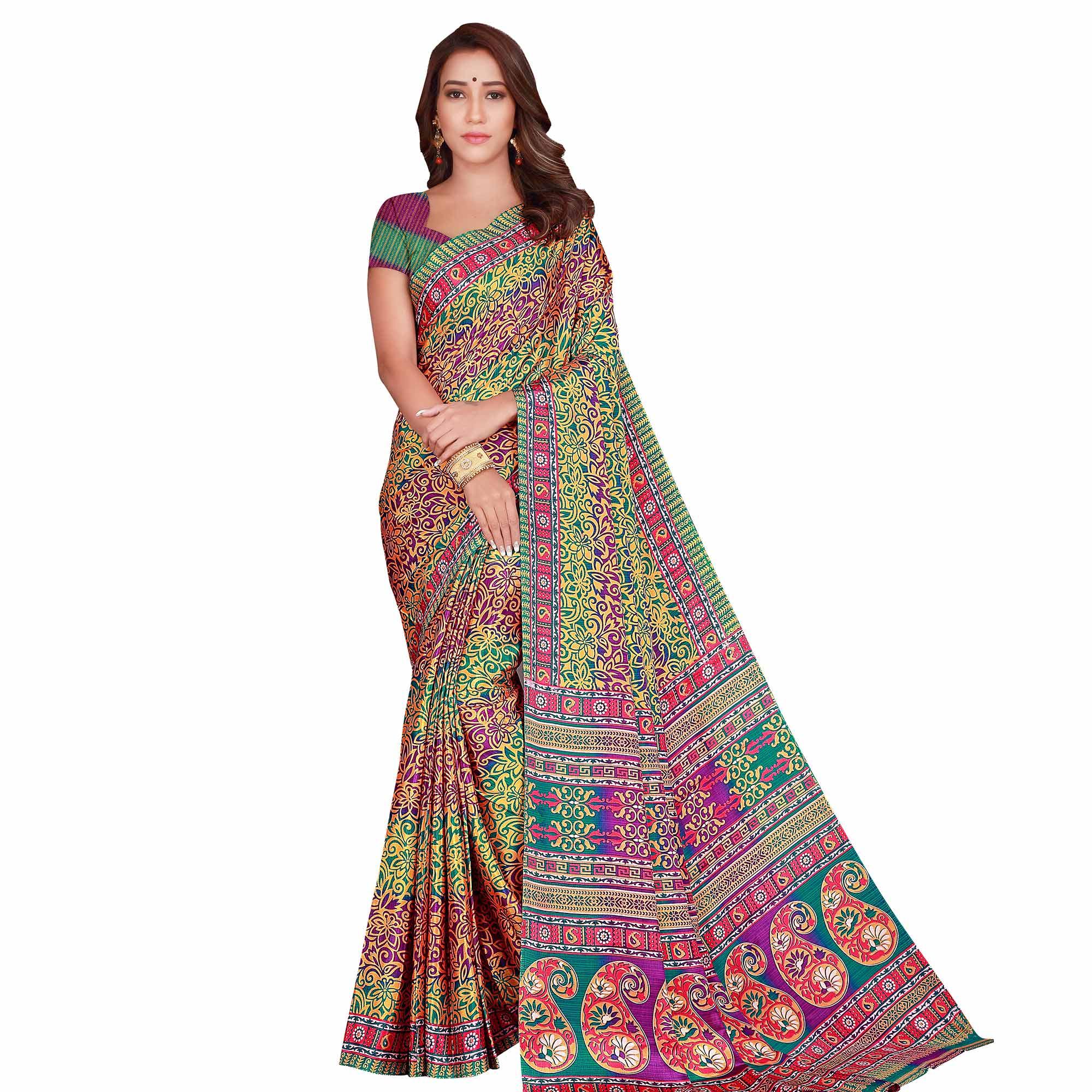 Classy Multi Colored Casual Wear Printed Silk Crepe Saree - Peachmode