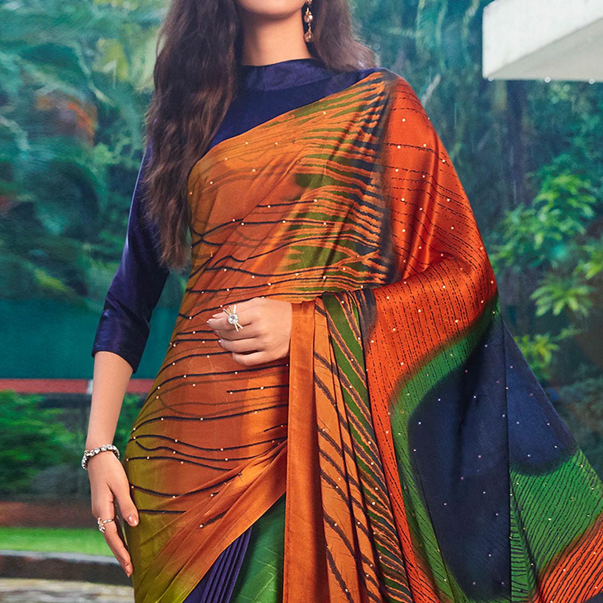 Classy Multi Colored Party Wear Printed Silk Saree - Peachmode