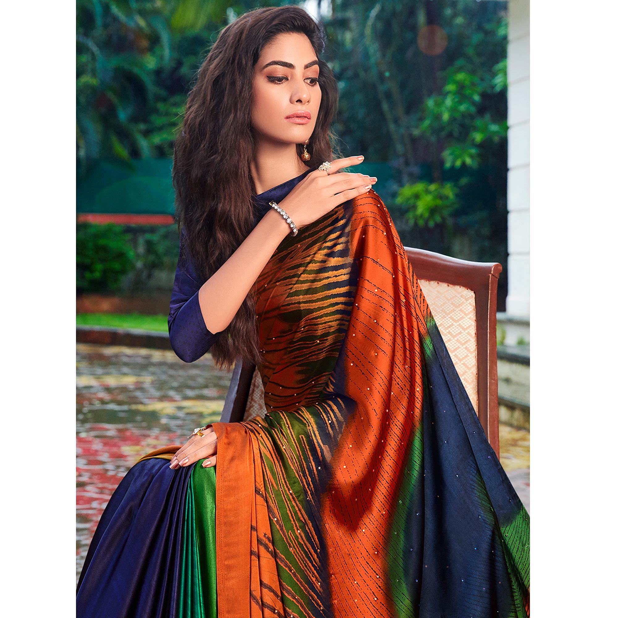 Classy Multi Colored Party Wear Printed Silk Saree - Peachmode