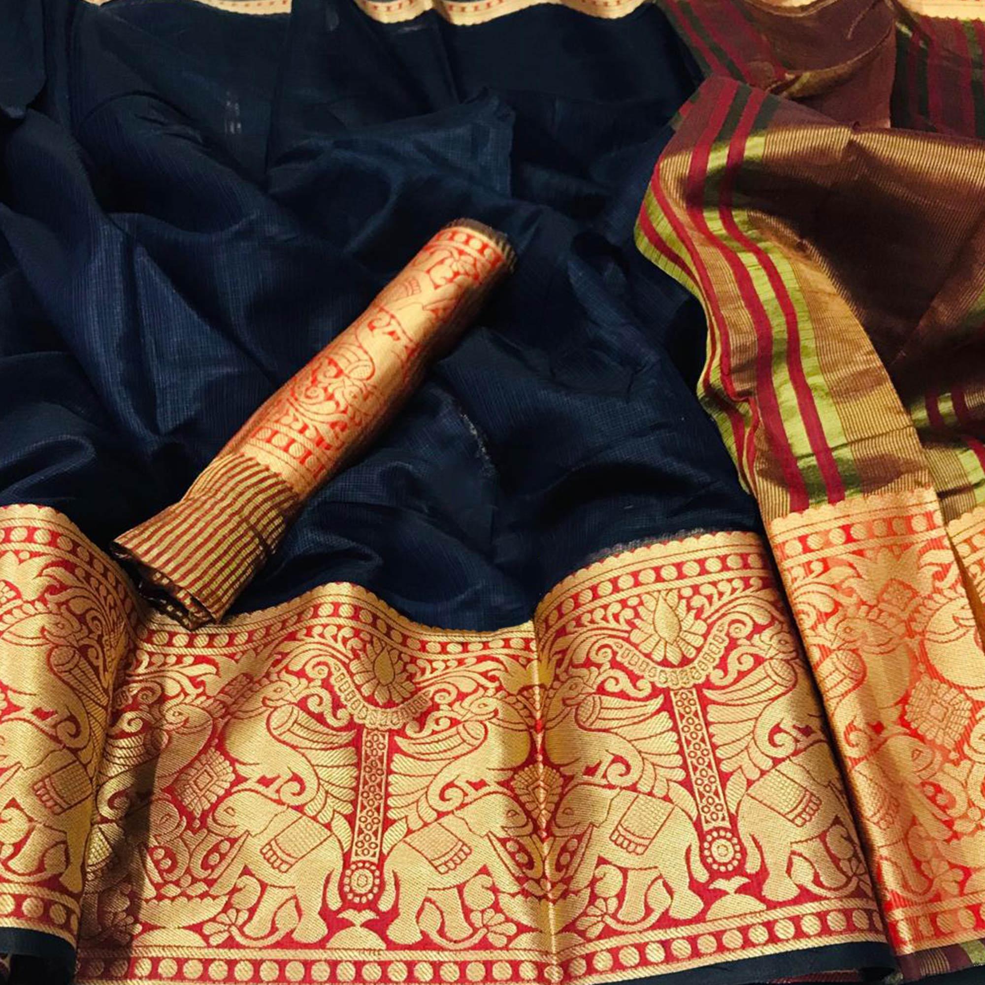 Classy Navy Blue Colored Festive Wear Woven Silk Saree - Peachmode