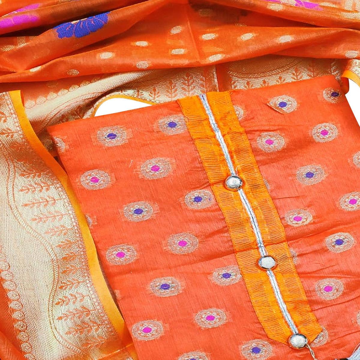 Classy Orange Colored Festive Wear Woven Banarasi Silk Dress Material - Peachmode