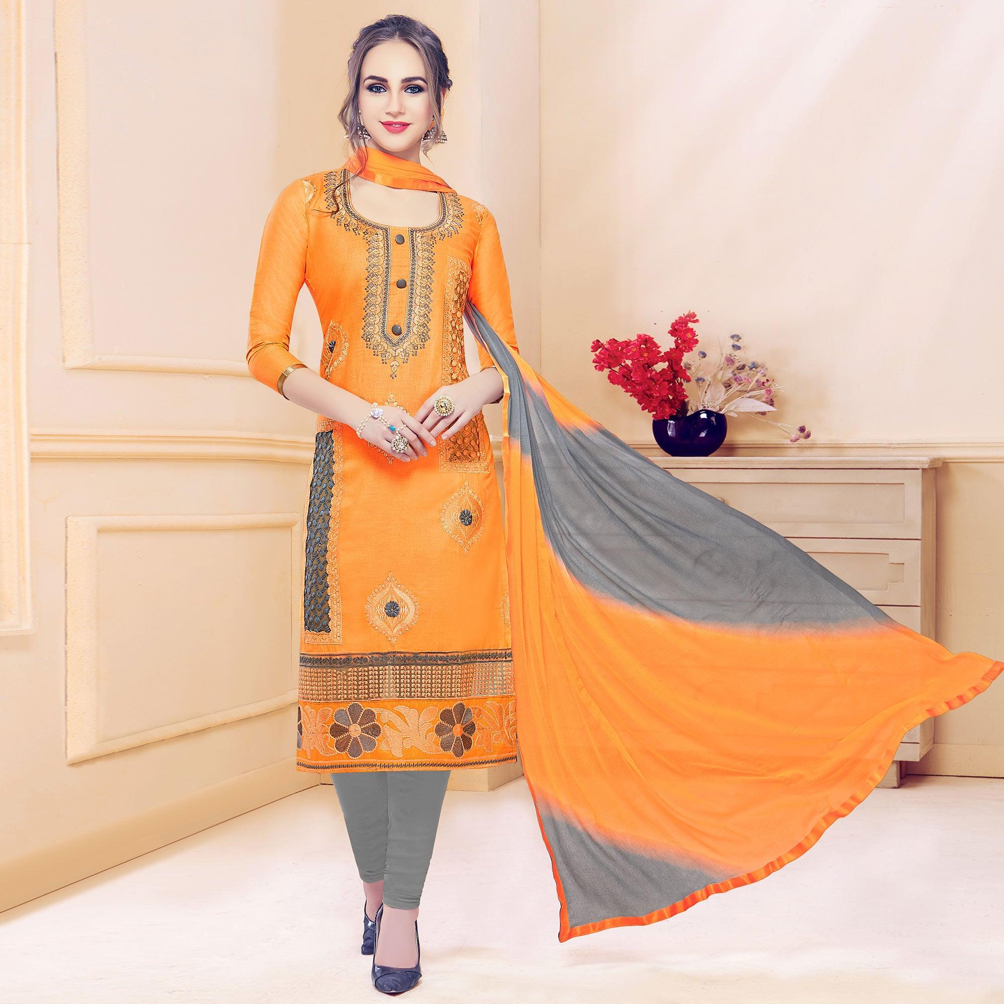 Classy Orange Colored Partywear Embroidered Cotton Dress Material - Peachmode