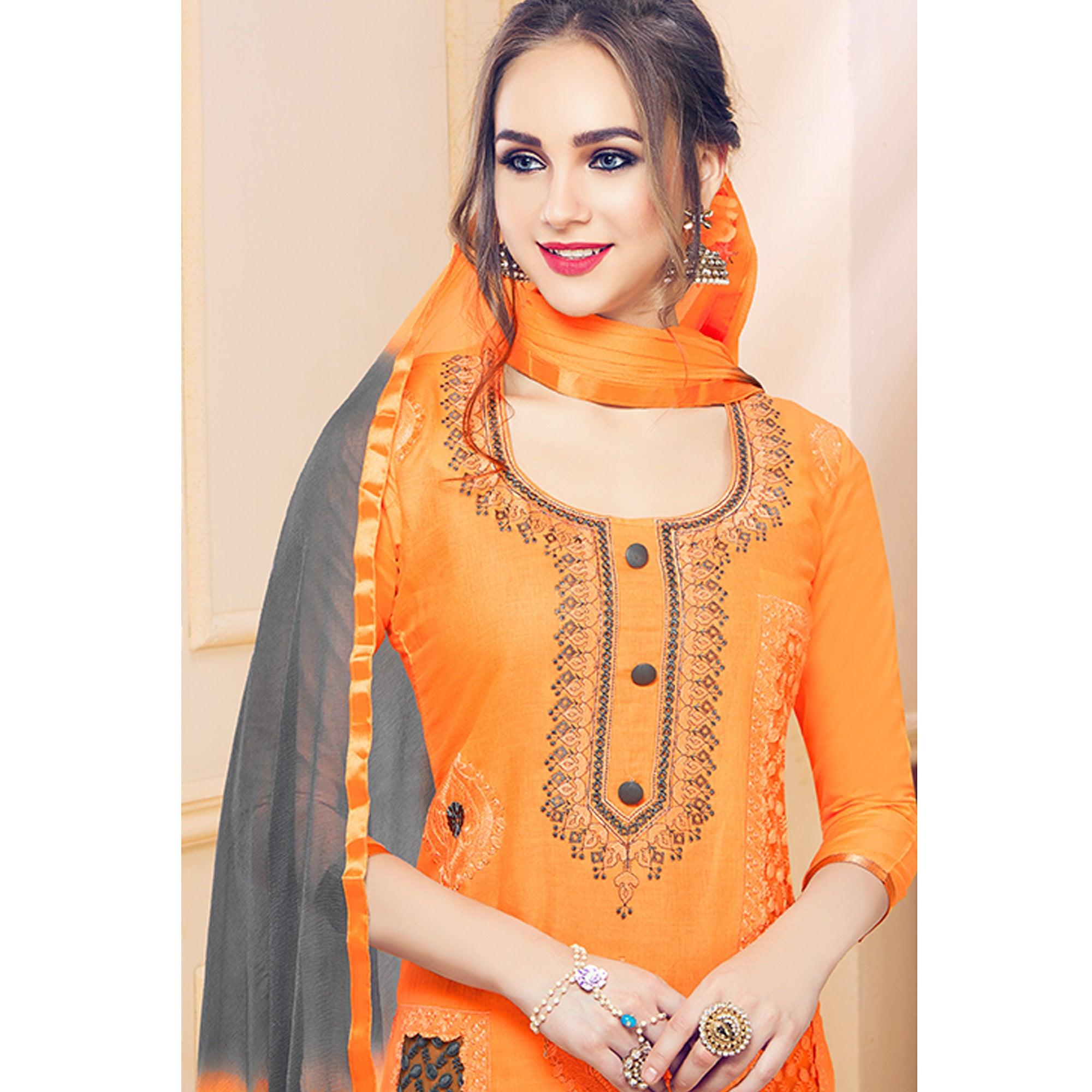 Classy Orange Colored Partywear Embroidered Cotton Dress Material - Peachmode