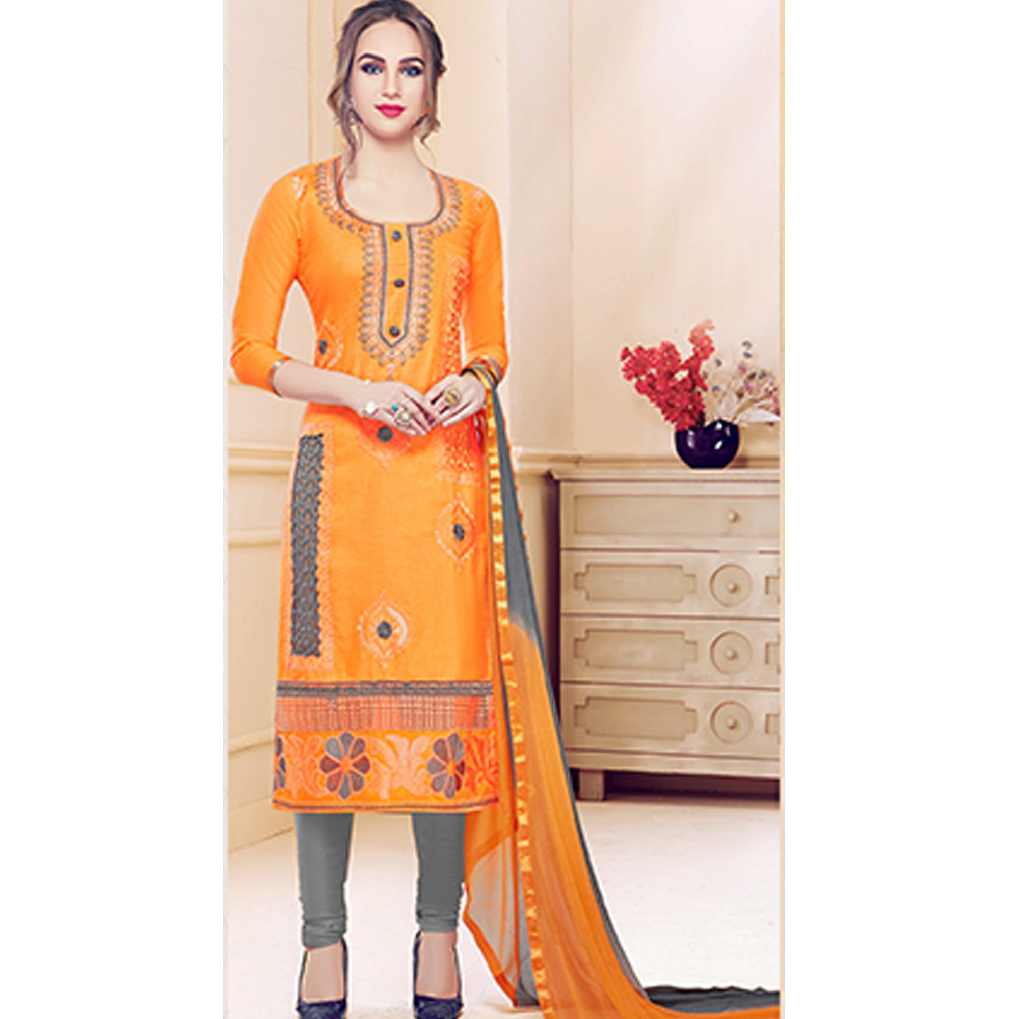 Classy Orange Colored Partywear Embroidered Cotton Dress Material - Peachmode