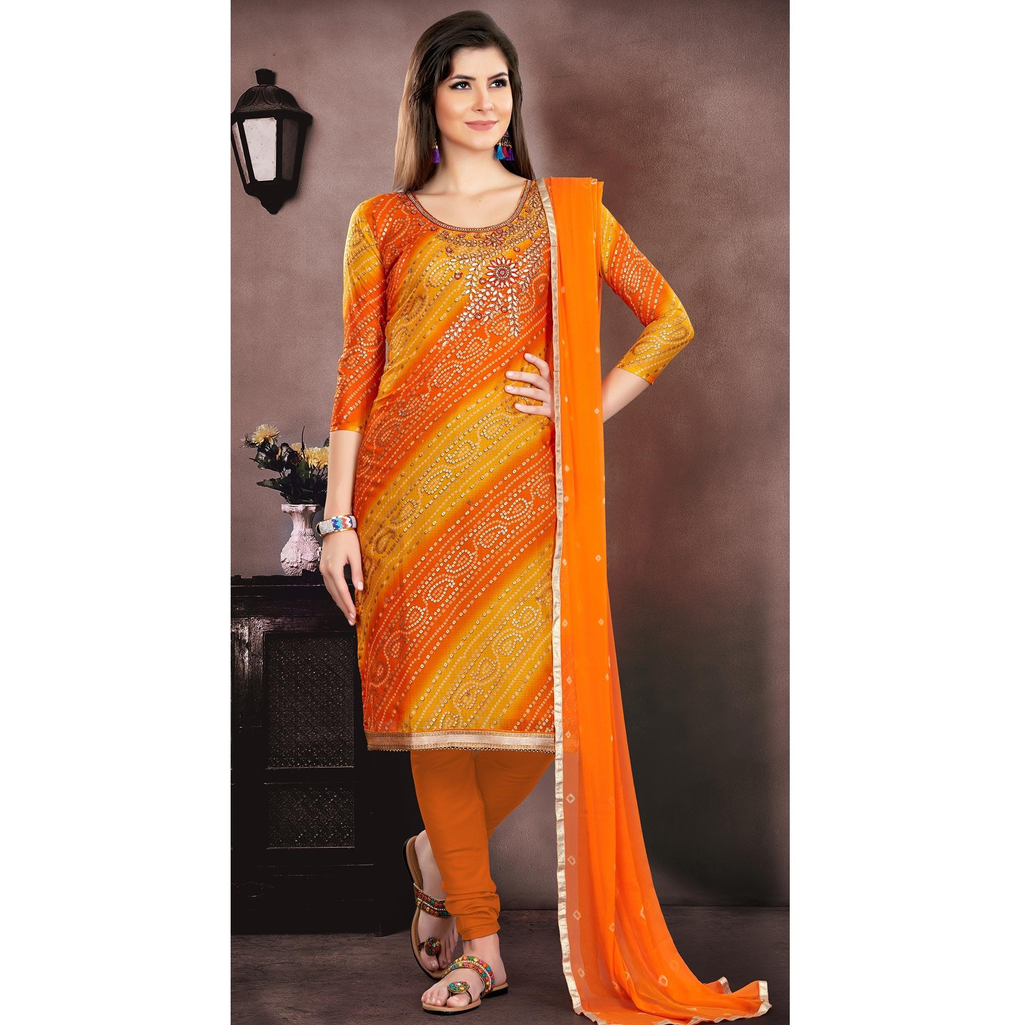 Classy Orange - Yellow Colored Casual Wear Embroidered Modal Chanderi Dress Material - Peachmode