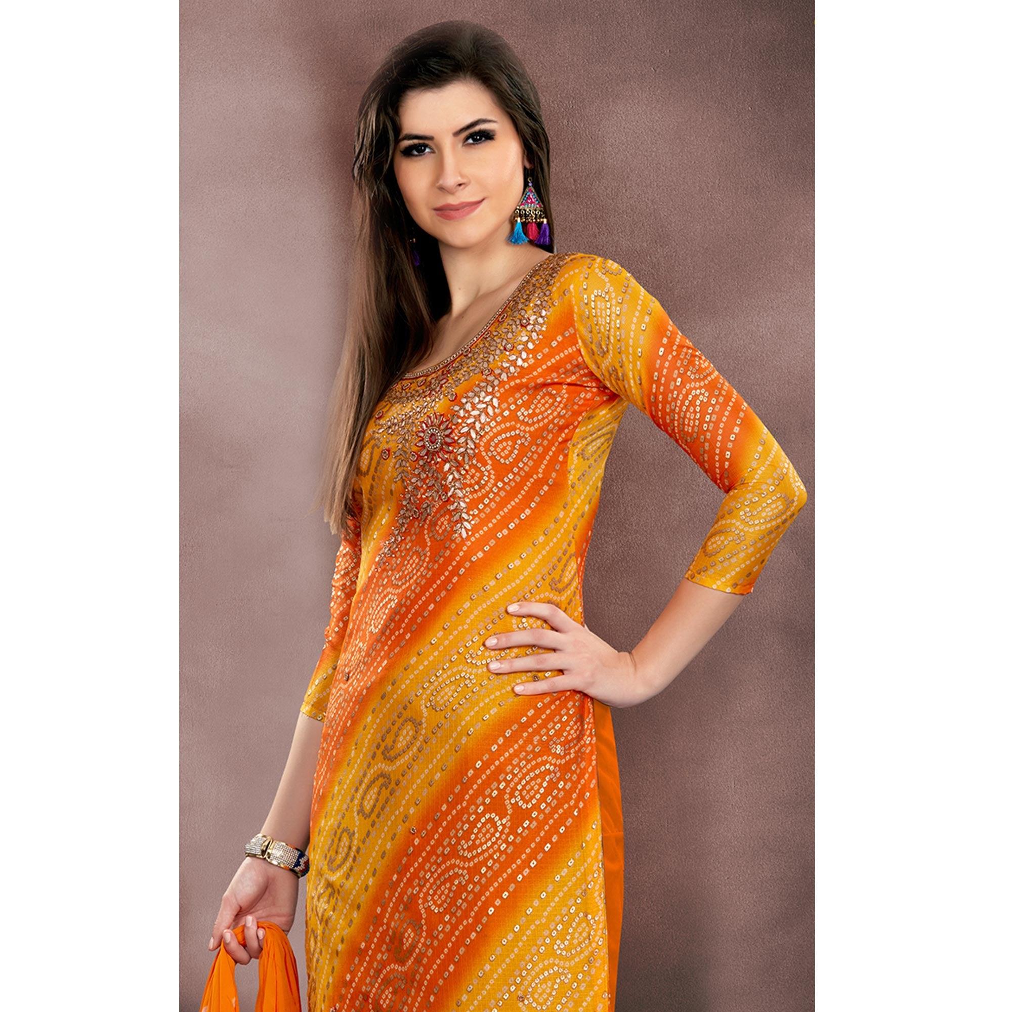 Classy Orange - Yellow Colored Casual Wear Embroidered Modal Chanderi Dress Material - Peachmode