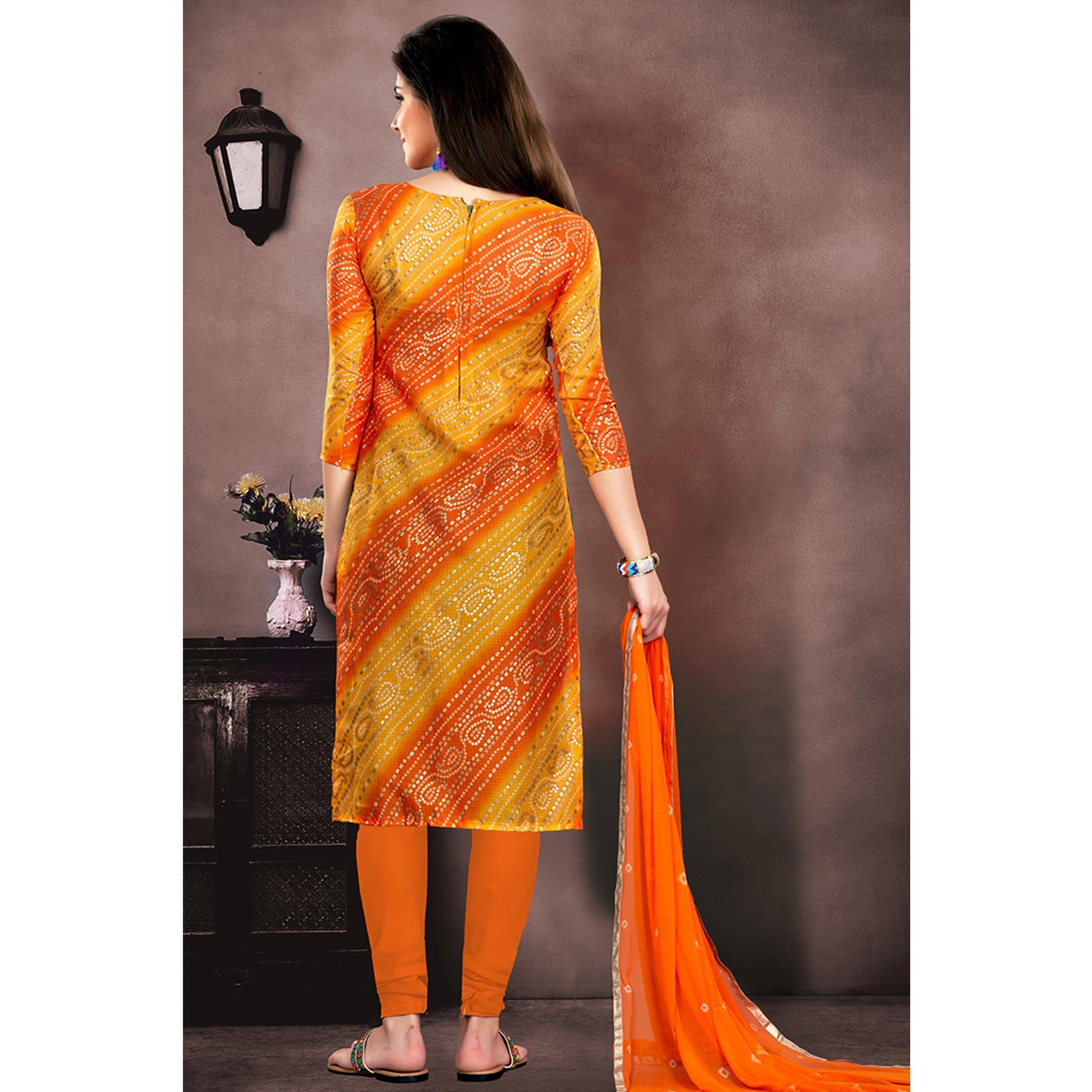 Classy Orange - Yellow Colored Casual Wear Embroidered Modal Chanderi Dress Material - Peachmode