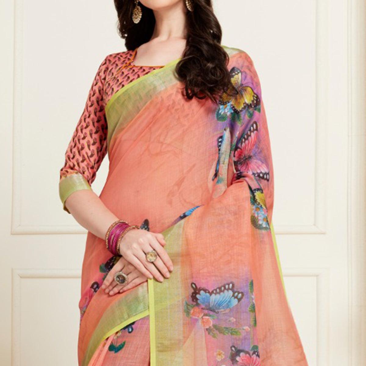 Classy Peach Colored Casual Butterfly Digital Printed Linen Saree - Peachmode
