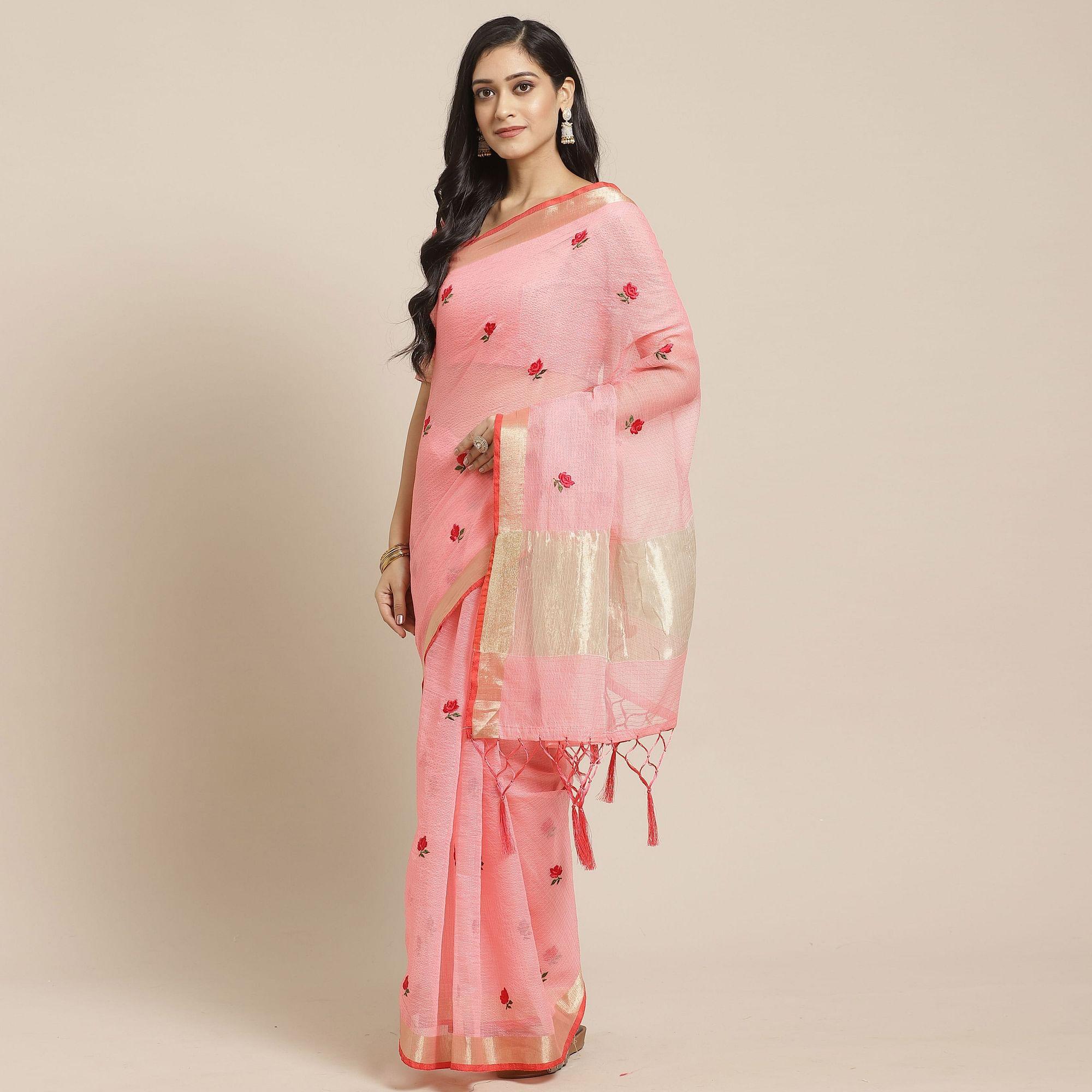 Classy Peach Colored Casual Wear Floral Embroidered Silk Saree With Tassels - Peachmode