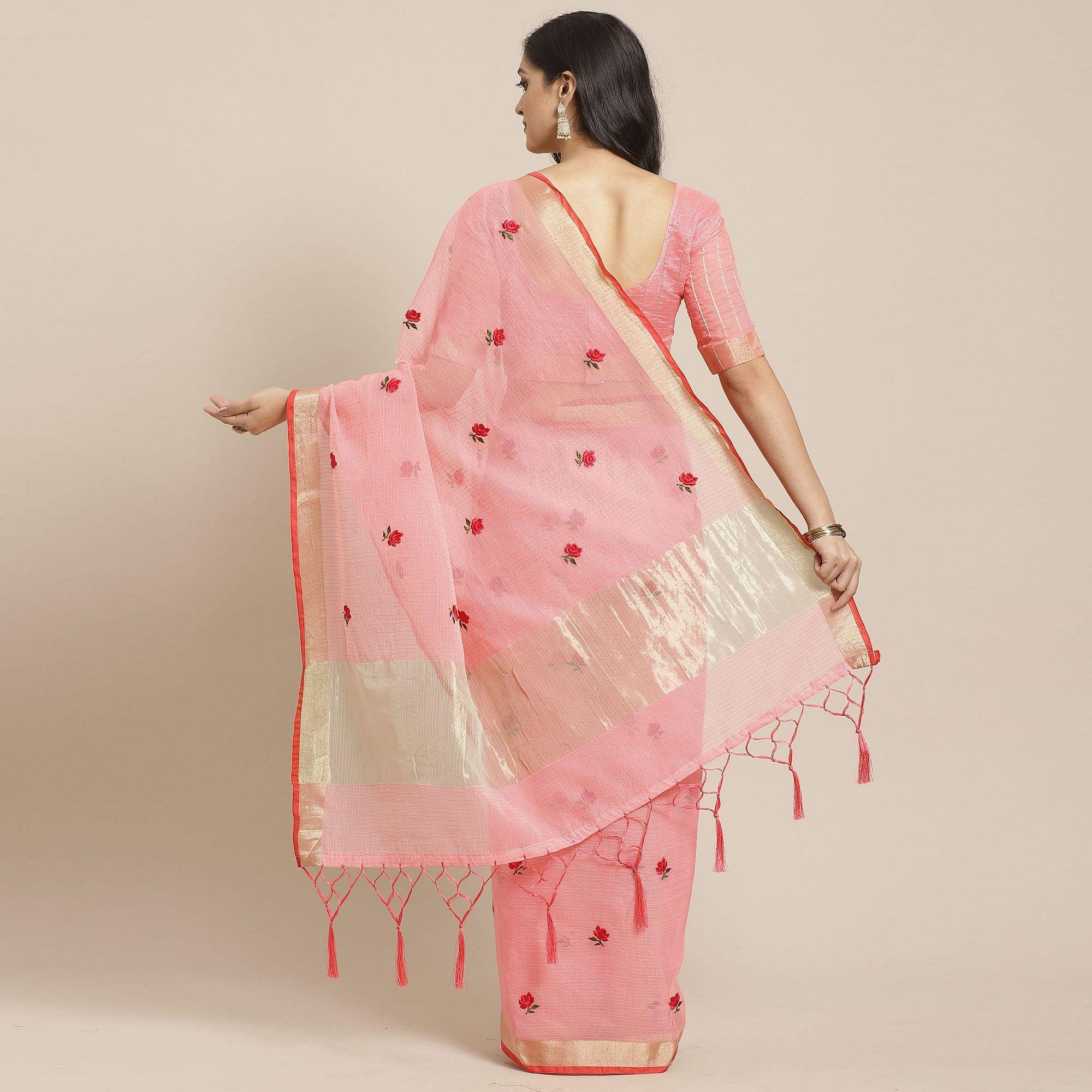 Classy Peach Colored Casual Wear Floral Embroidered Silk Saree With Tassels - Peachmode