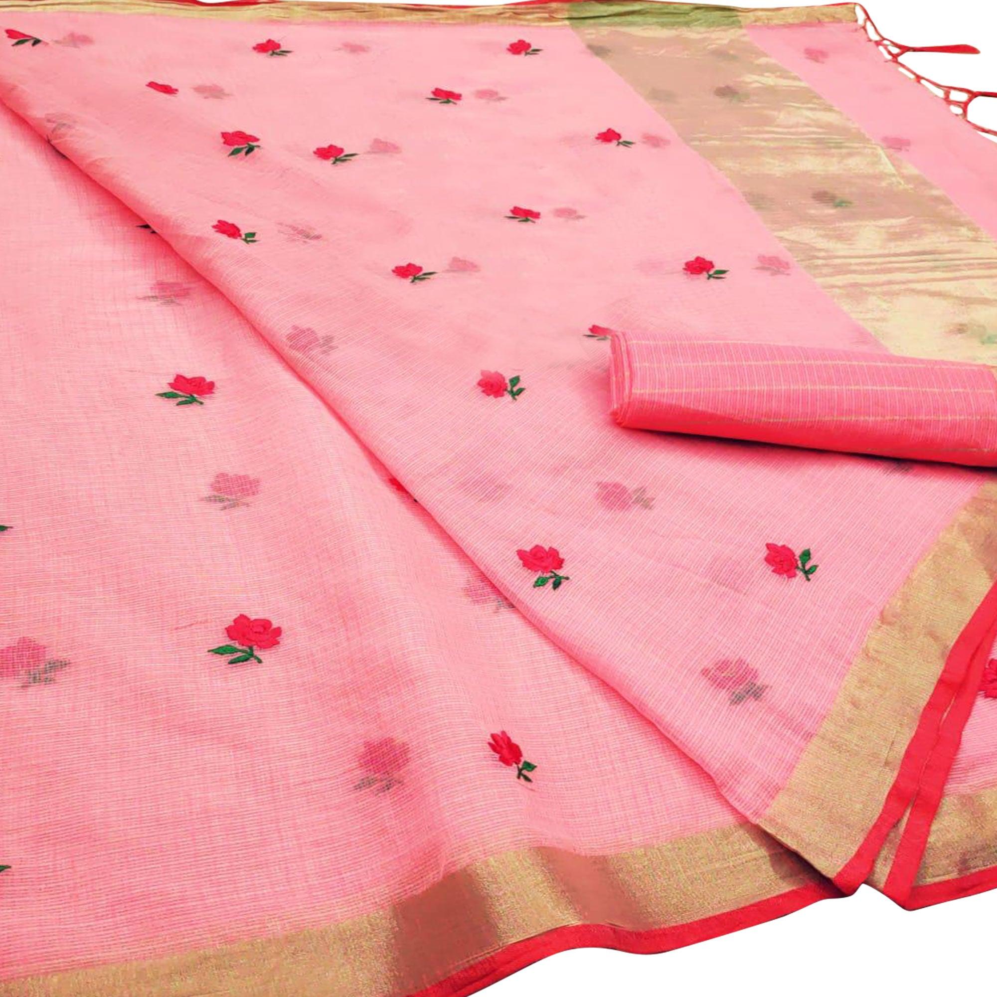 Classy Peach Colored Casual Wear Floral Embroidered Silk Saree With Tassels - Peachmode