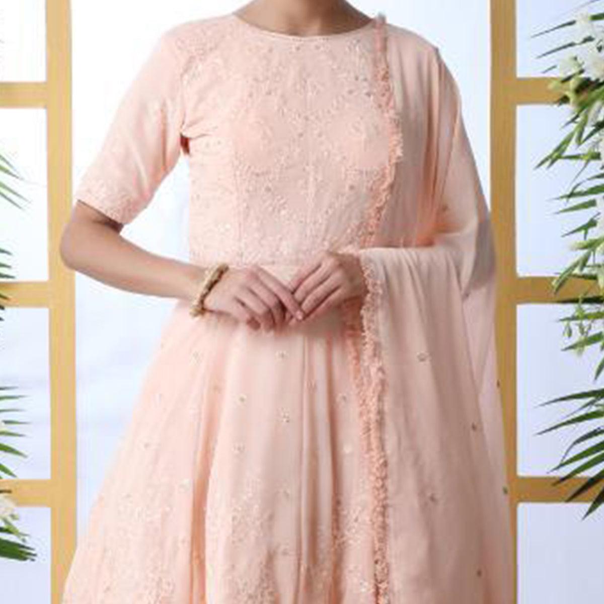 Classy Peach Colored Party Wear Embroidered Georgette Palazzo Suit - Peachmode