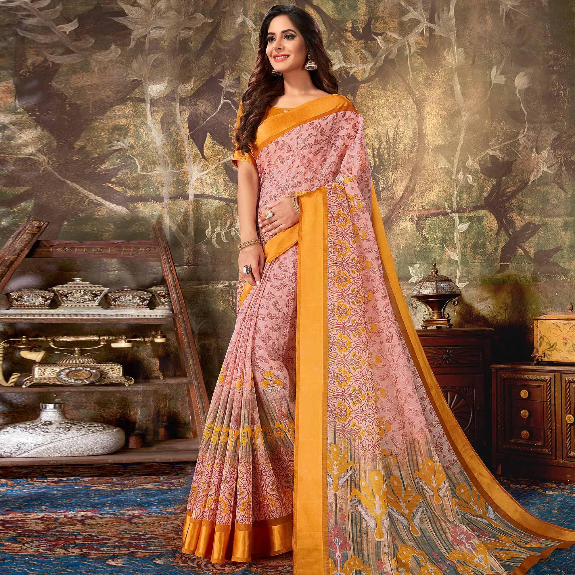 Classy Pink Colored Casual Wear Printed Cotton Saree - Peachmode