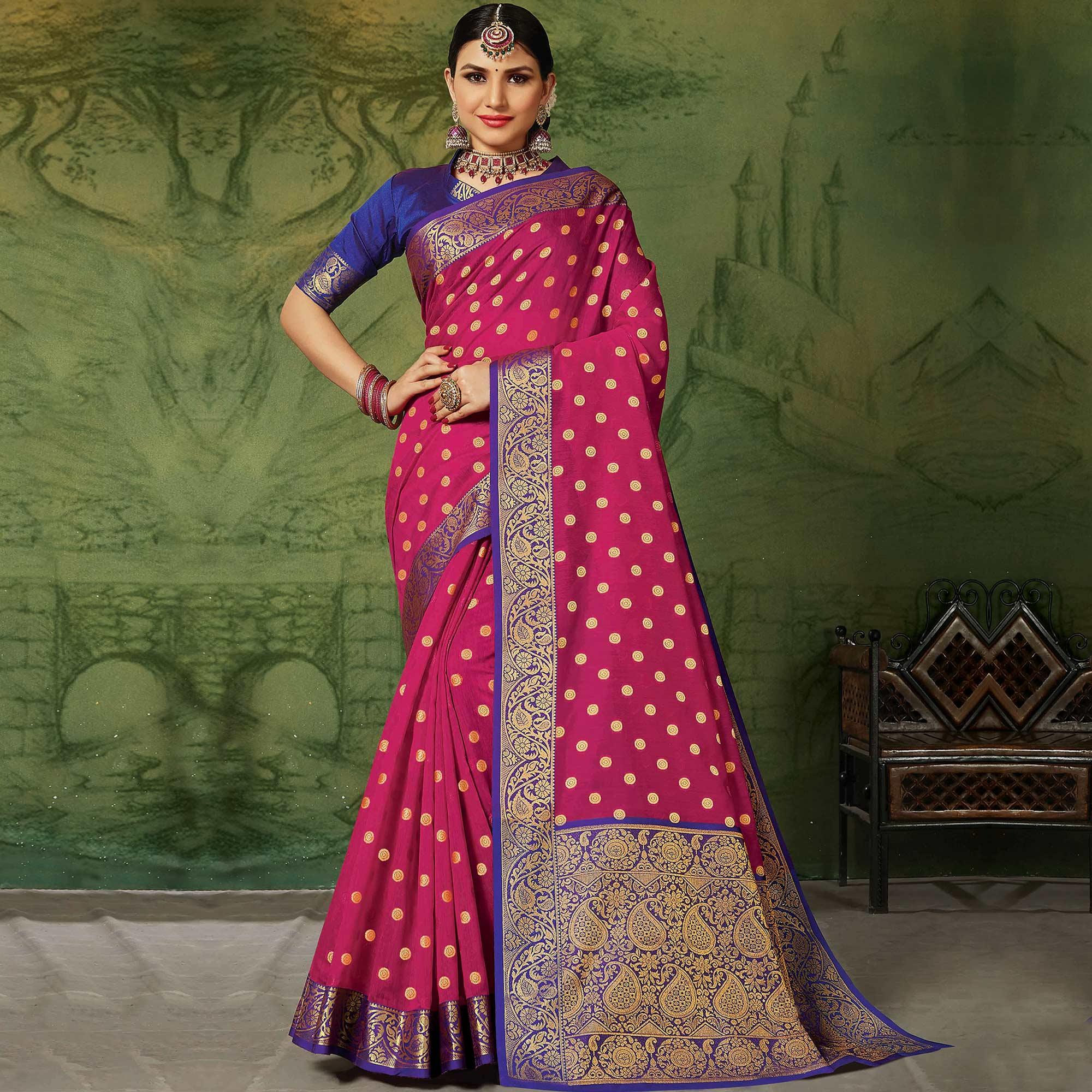Classy Pink Colored Festive Wear Woven Handloom Silk Saree - Peachmode