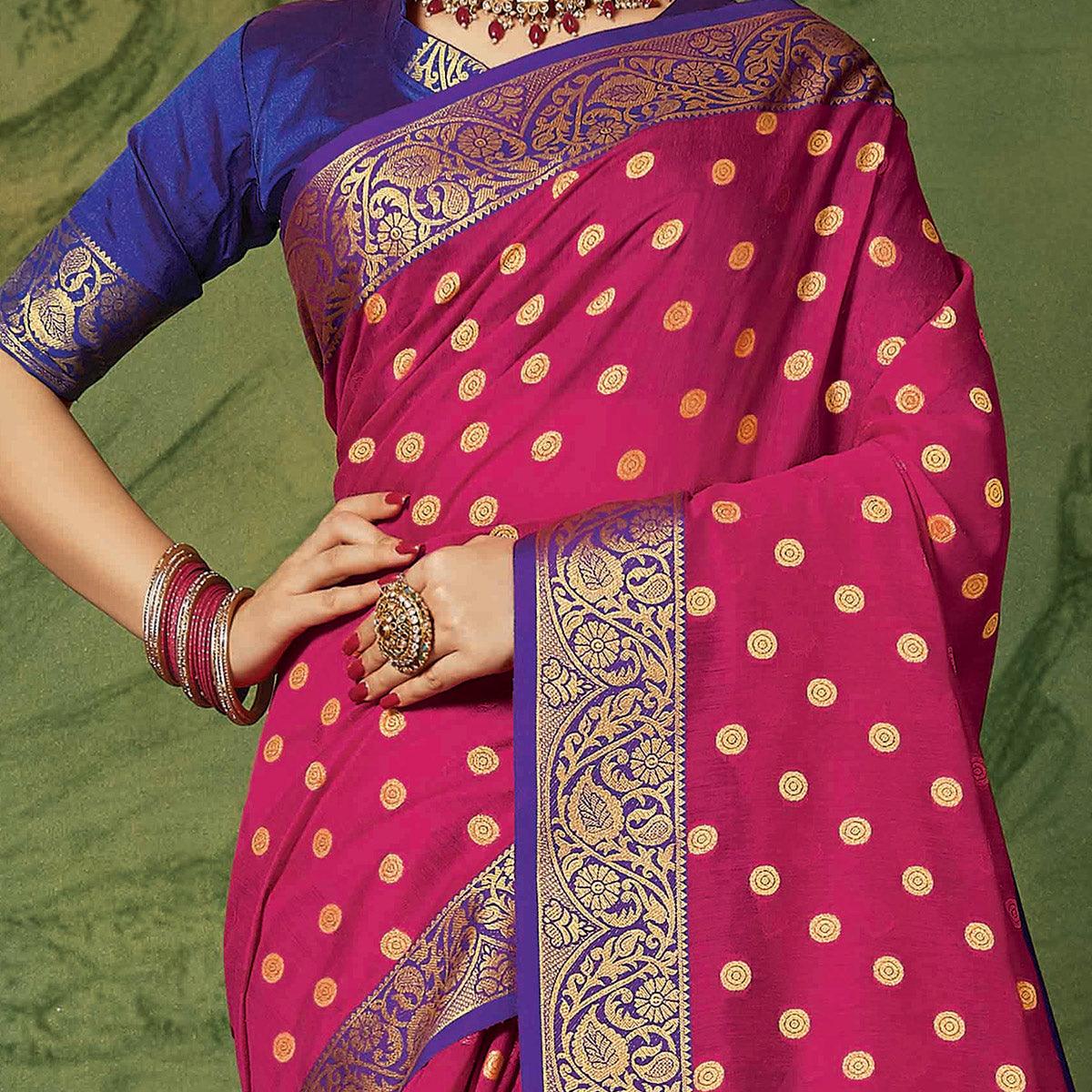 Classy Pink Colored Festive Wear Woven Handloom Silk Saree - Peachmode