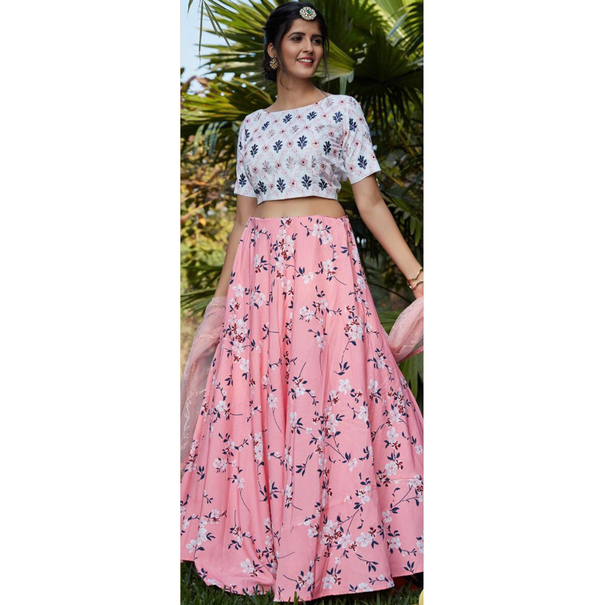 Classy Pink-White Colored Floral Printed Partywear Silk Crepe Lehenga Choli - Peachmode