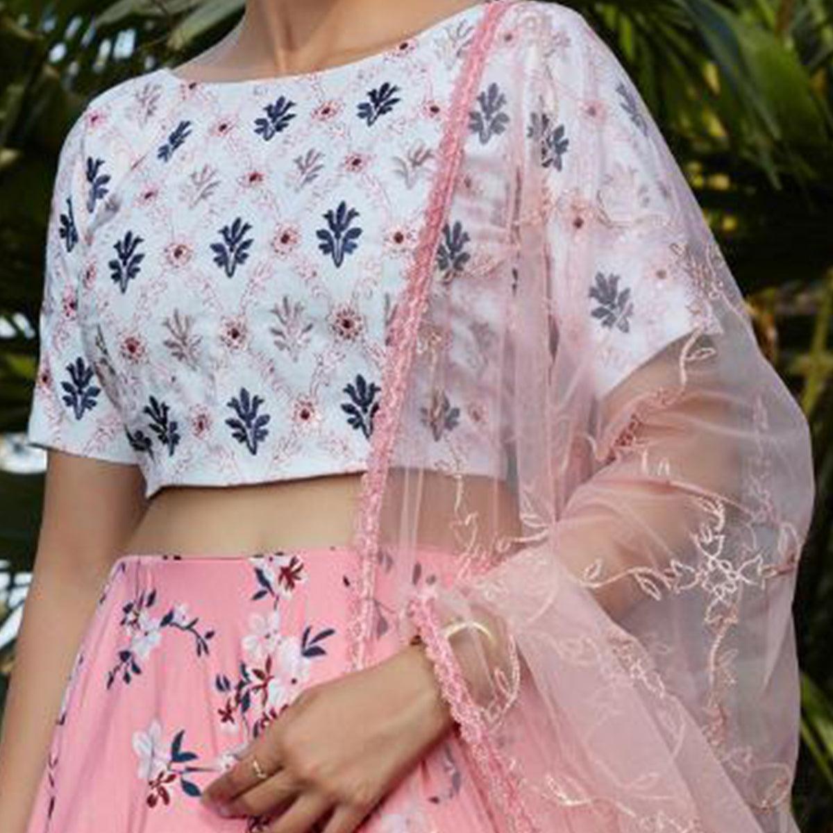 Classy Pink-White Colored Floral Printed Partywear Silk Crepe Lehenga Choli - Peachmode