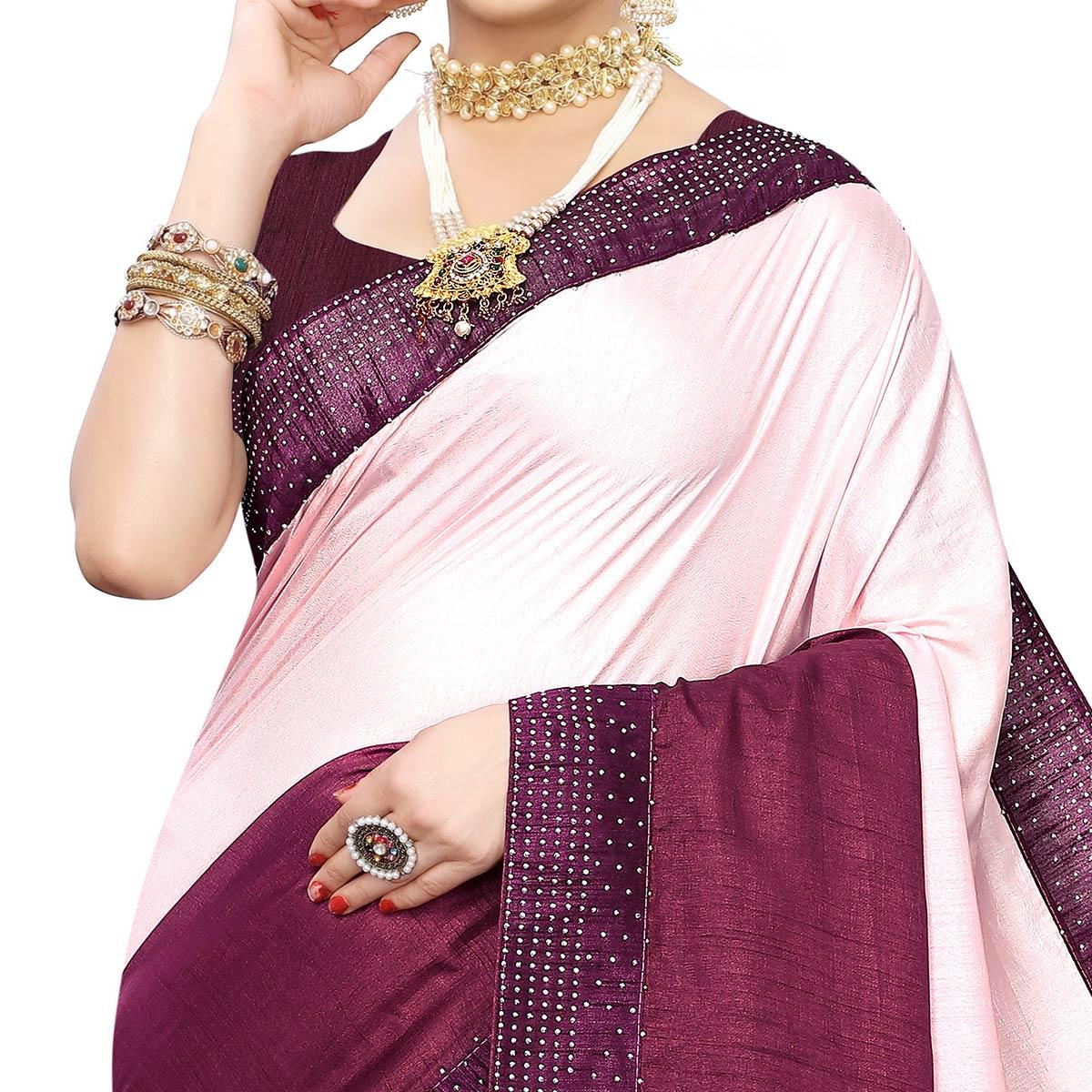Classy Purple Colored Partywear Stone Work Sana Silk Saree - Peachmode