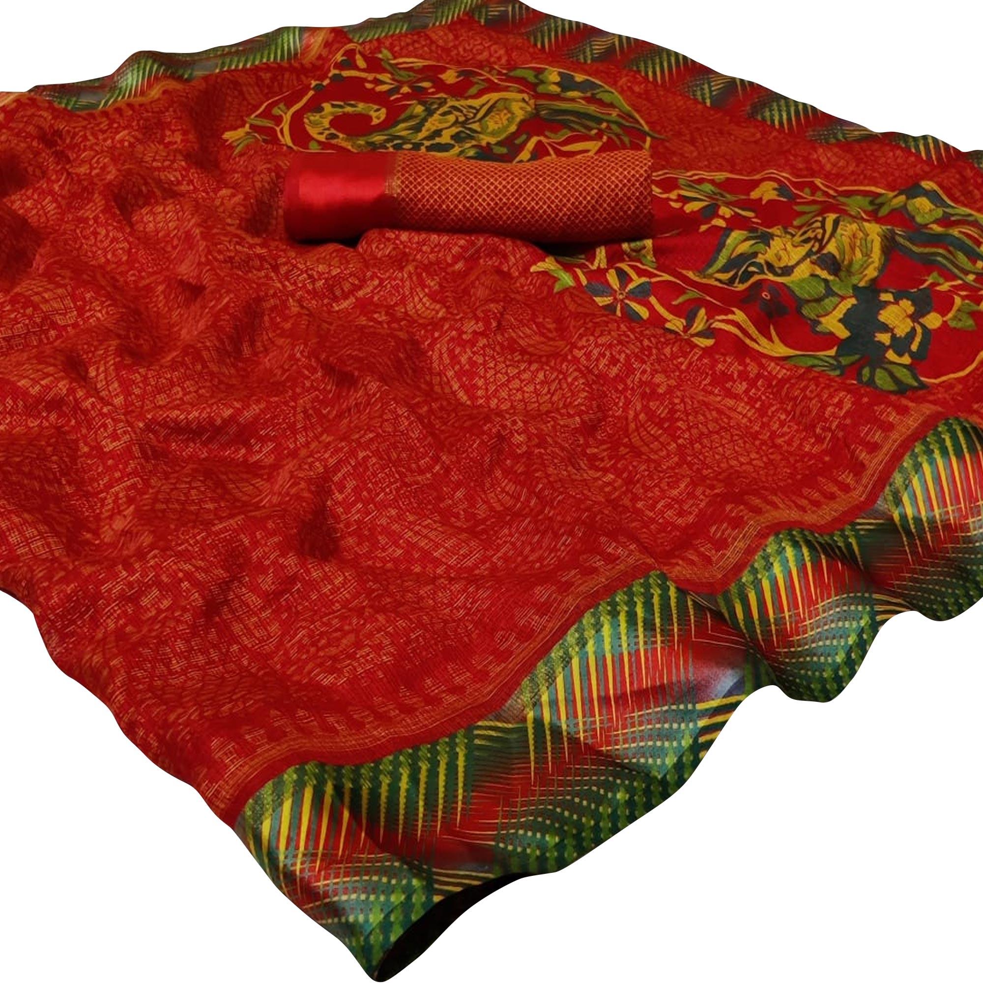 Classy Red Colored Casual Printed Kota Doria Satin Saree - Peachmode