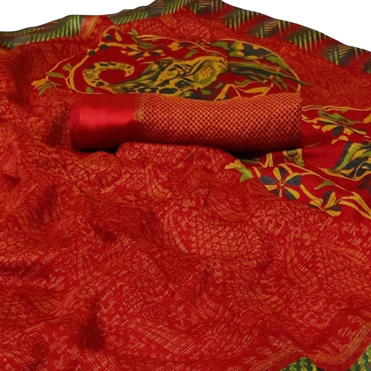 Classy Red Colored Casual Printed Kota Doria Satin Saree - Peachmode