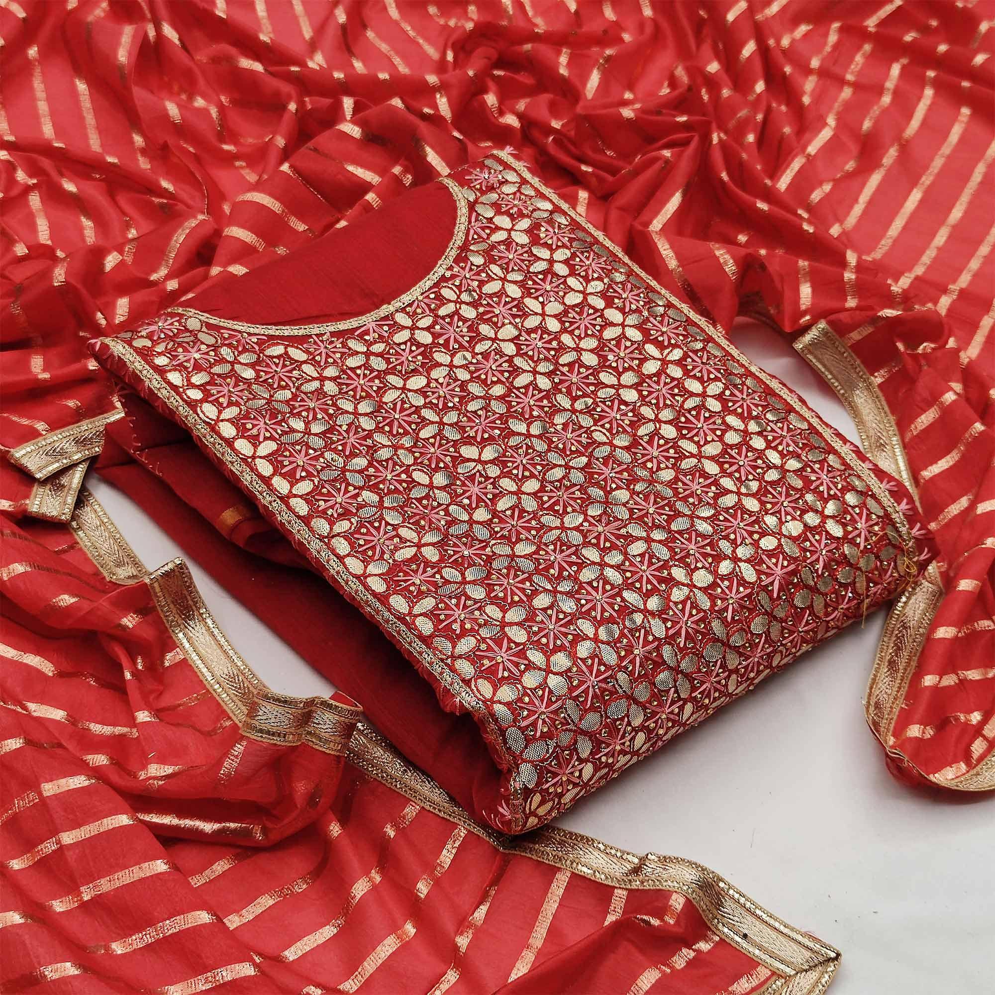 Classy Red Colored Festive Wear Embroidered Heavy Modal Silk Dress Material - Peachmode