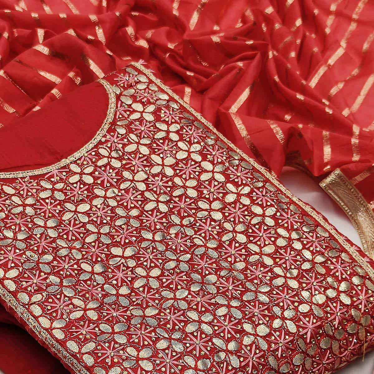 Classy Red Colored Festive Wear Embroidered Heavy Modal Silk Dress Material - Peachmode