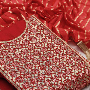 Classy Red Colored Festive Wear Embroidered Heavy Modal Silk Dress Material - Peachmode