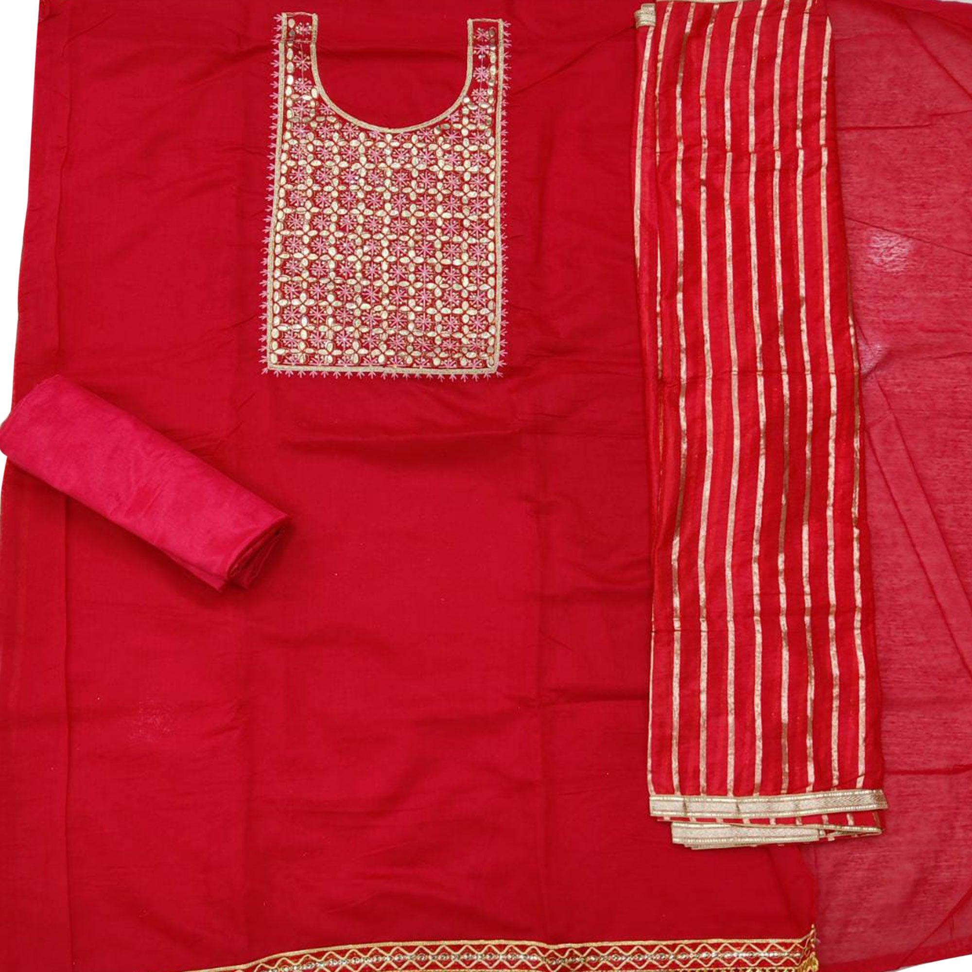 Classy Red Colored Festive Wear Embroidered Heavy Modal Silk Dress Material - Peachmode