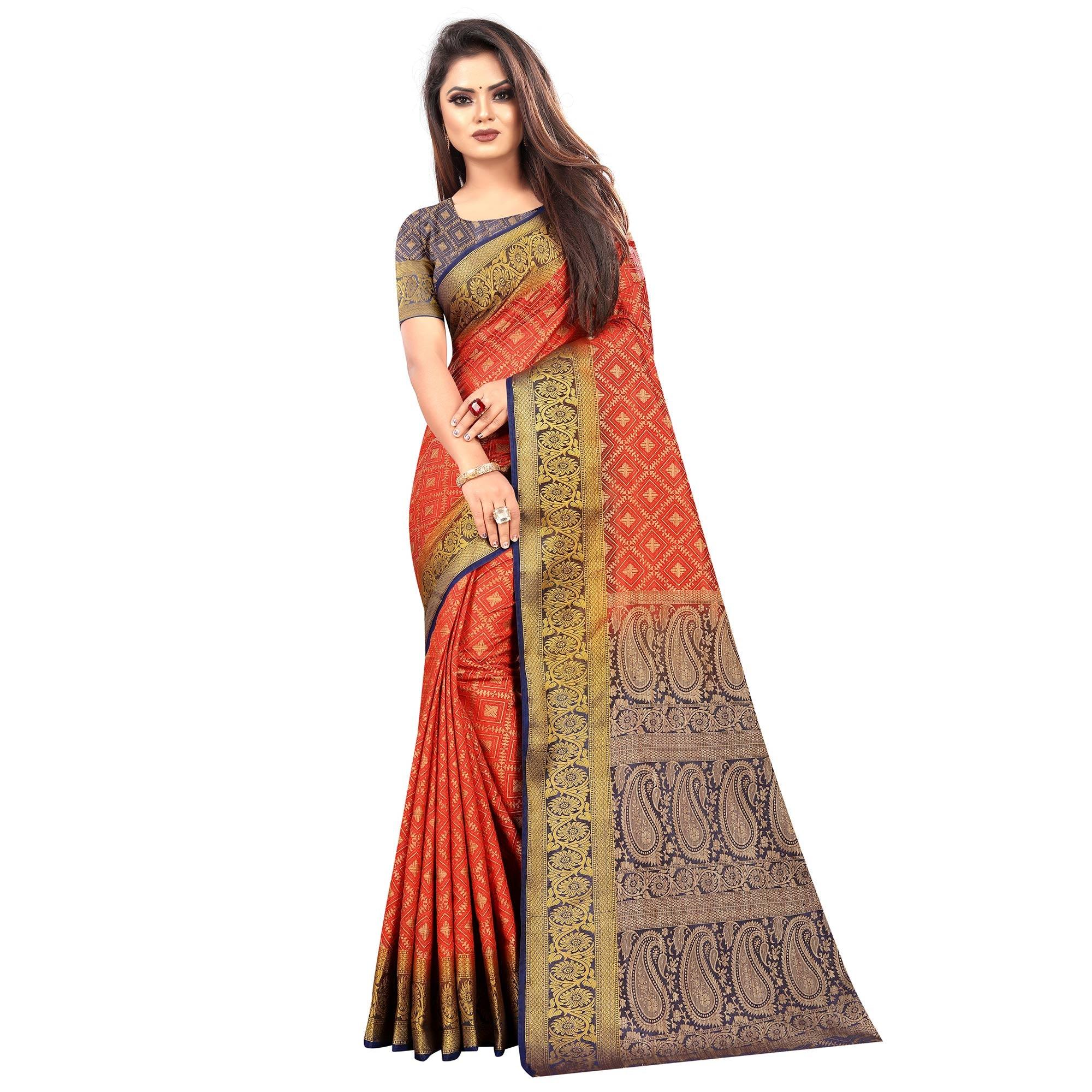 Classy Red Colored Festive Wear Woven Art Silk Saree - Peachmode