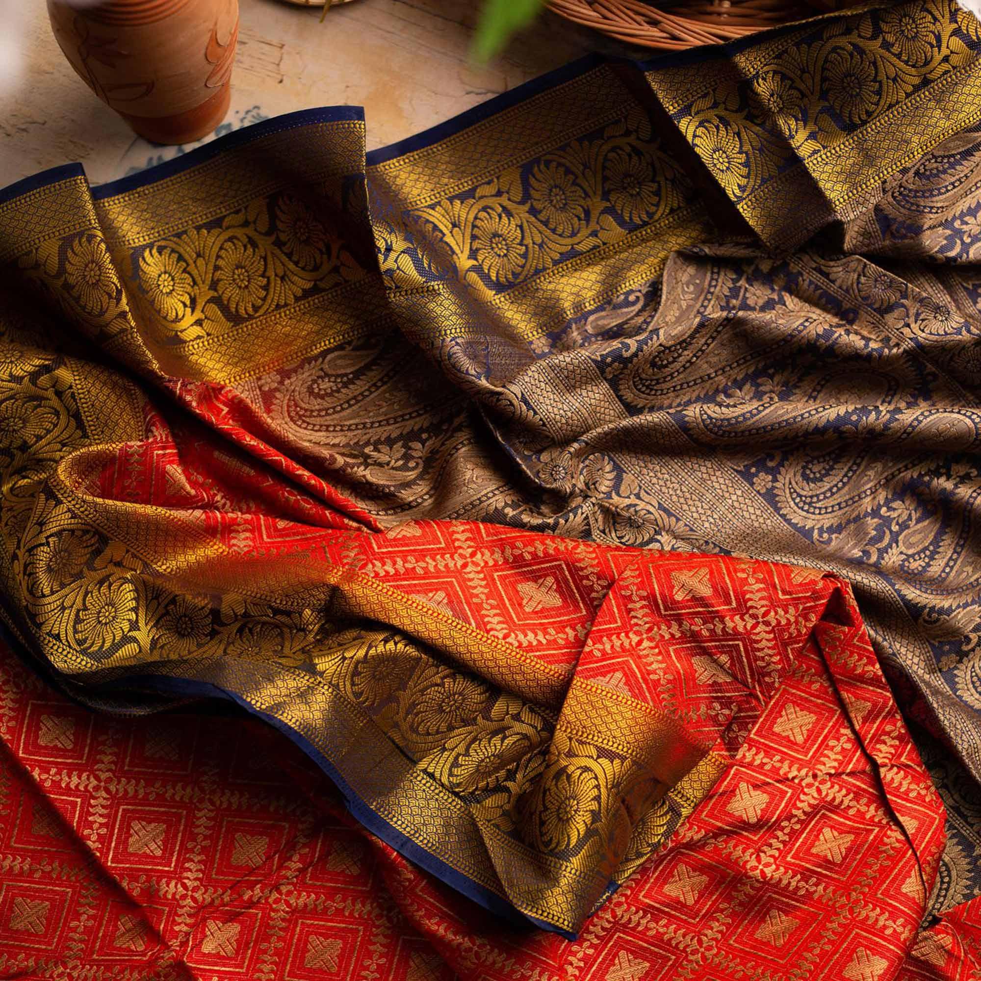 Classy Red Colored Festive Wear Woven Art Silk Saree - Peachmode