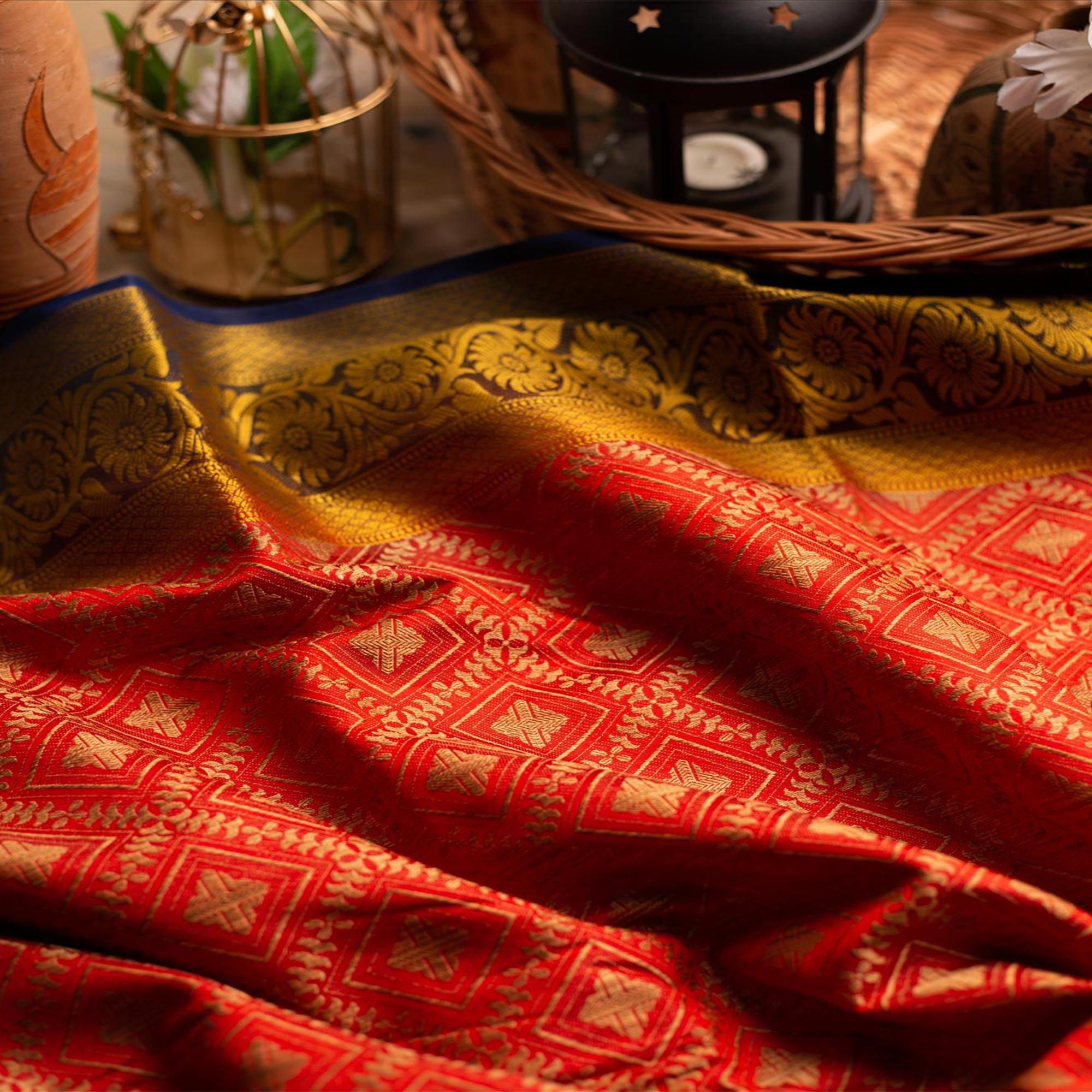 Classy Red Colored Festive Wear Woven Art Silk Saree - Peachmode