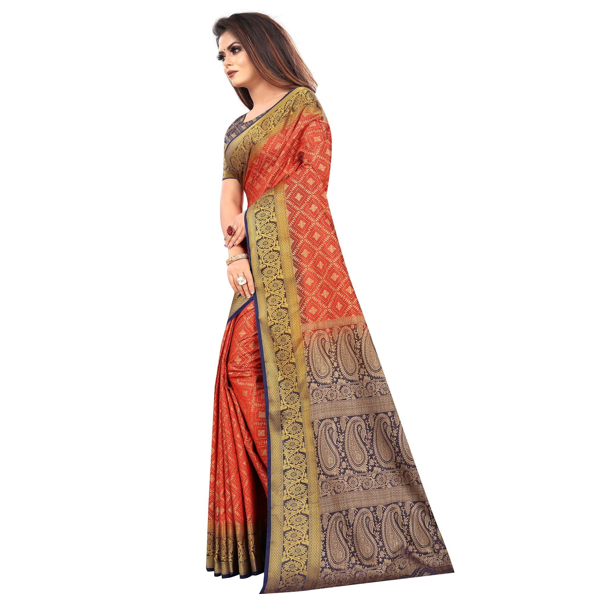 Classy Red Colored Festive Wear Woven Art Silk Saree - Peachmode