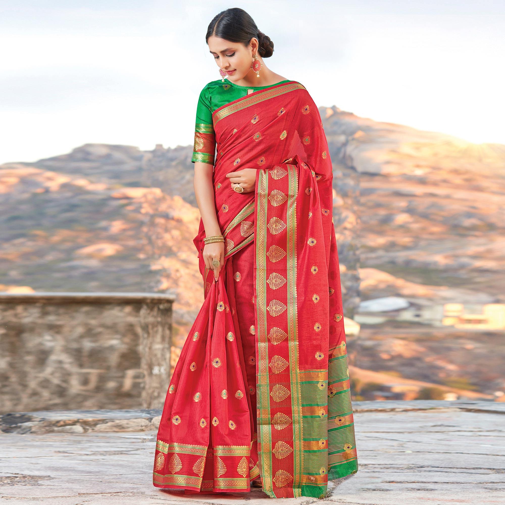 Classy Red Colored Festive Wear Woven Cotton Handloom Saree - Peachmode