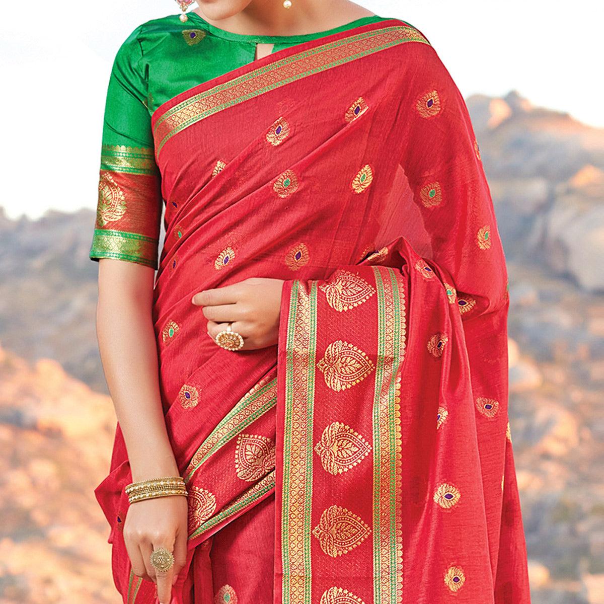 Classy Red Colored Festive Wear Woven Cotton Handloom Saree - Peachmode