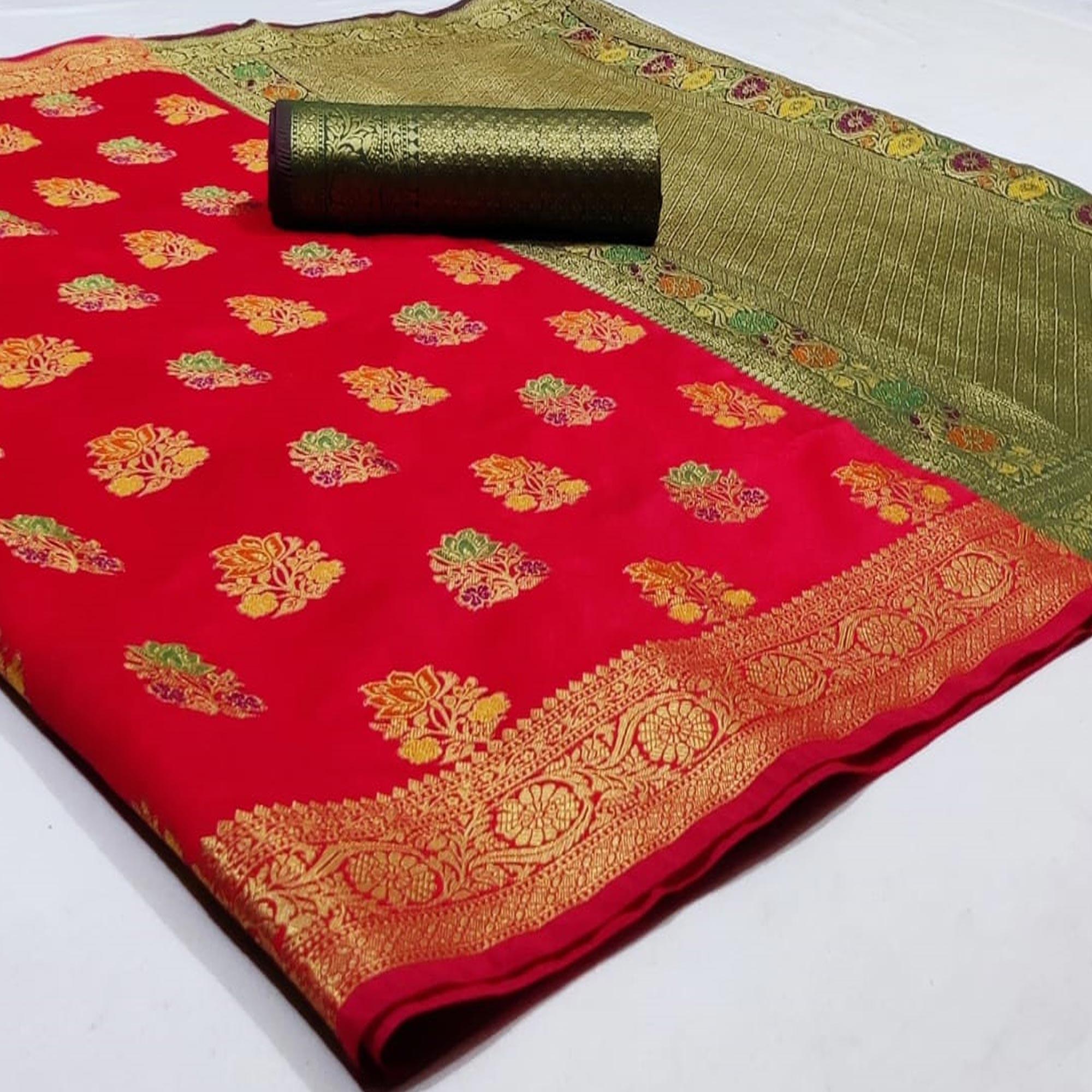 Classy Red Colored Festive Wear Woven Silk Saree - Peachmode