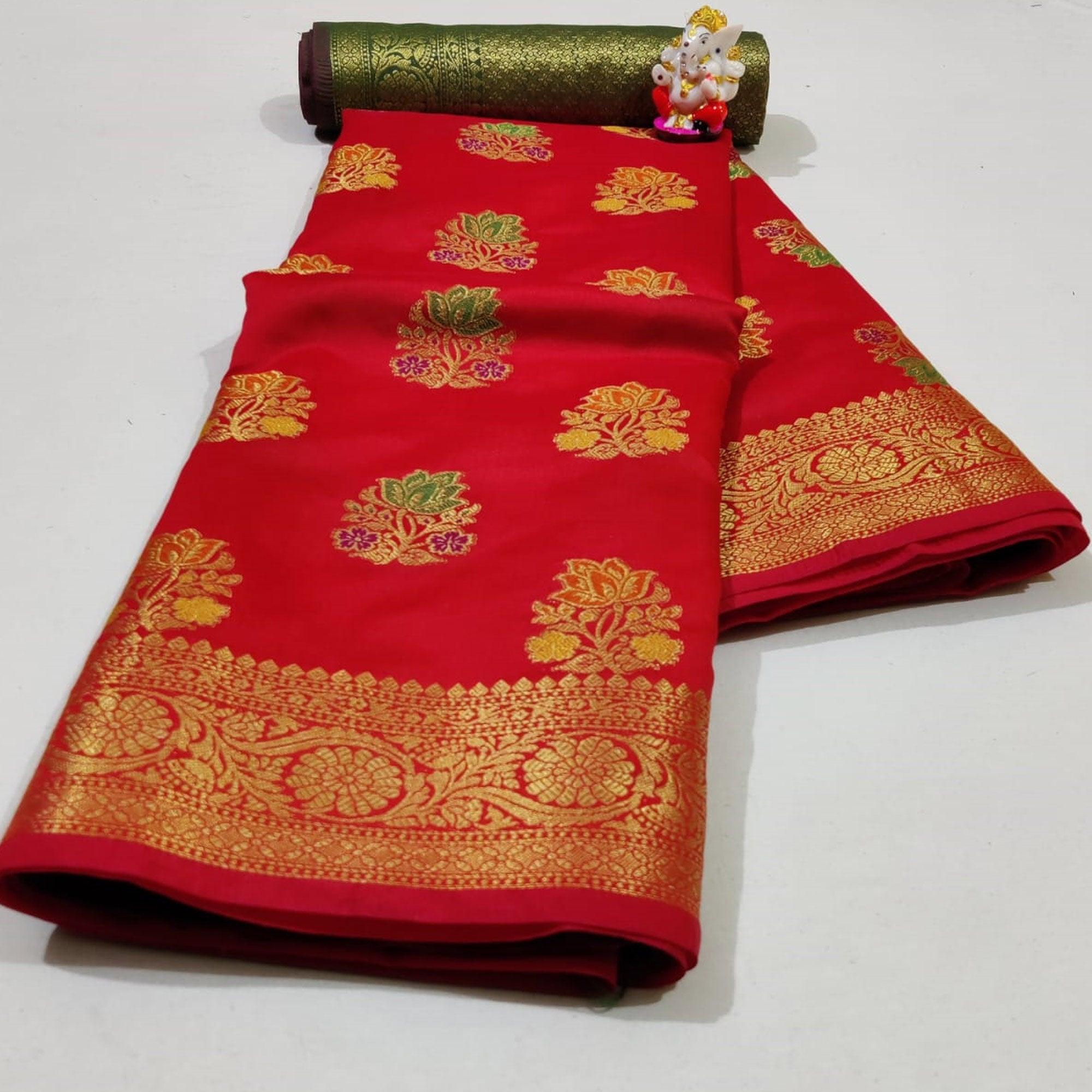 Classy Red Colored Festive Wear Woven Silk Saree - Peachmode