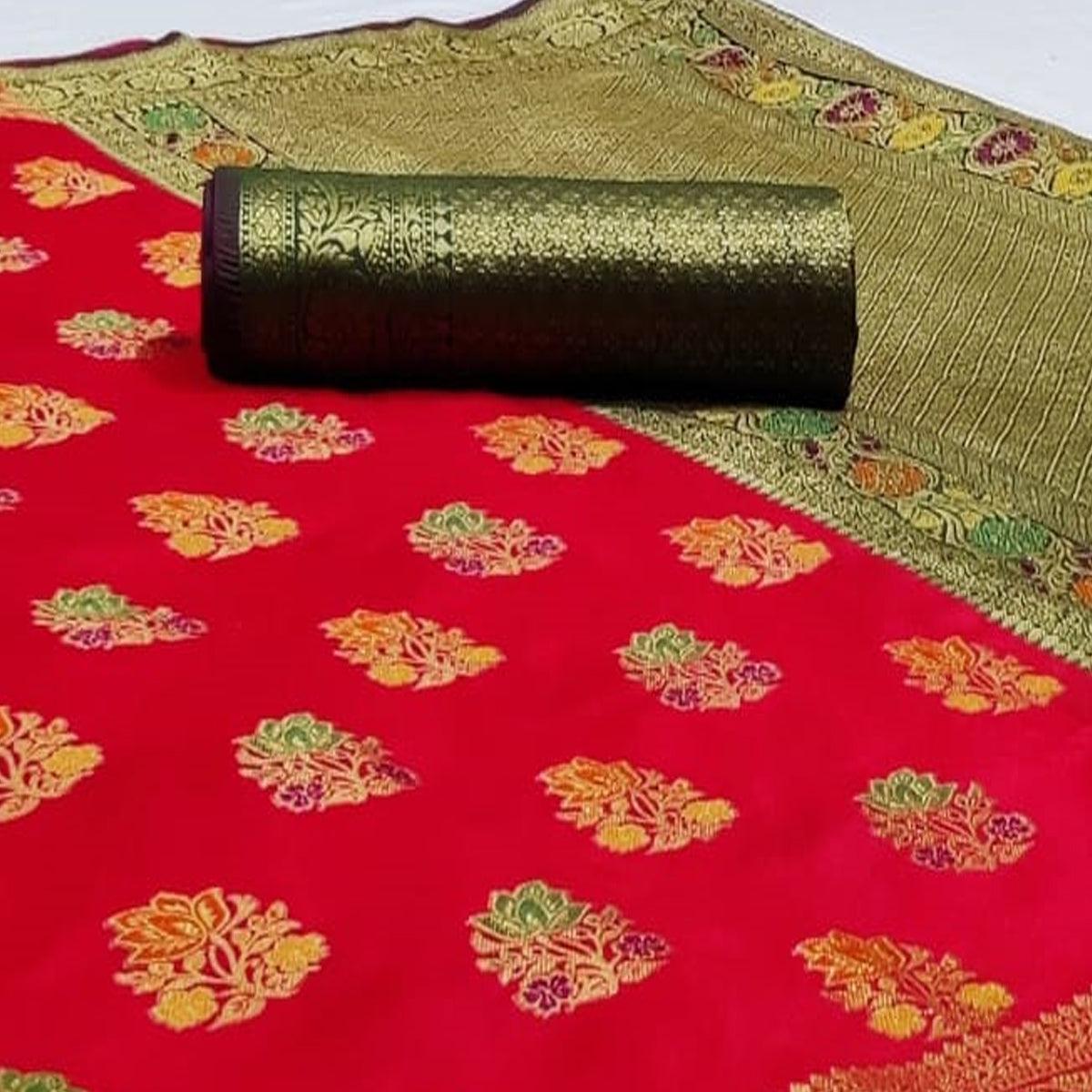 Classy Red Colored Festive Wear Woven Silk Saree - Peachmode