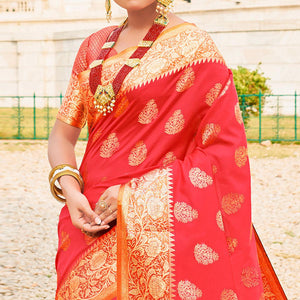 Classy Red Colored Festive Wear Woven Silk Sareee - Peachmode