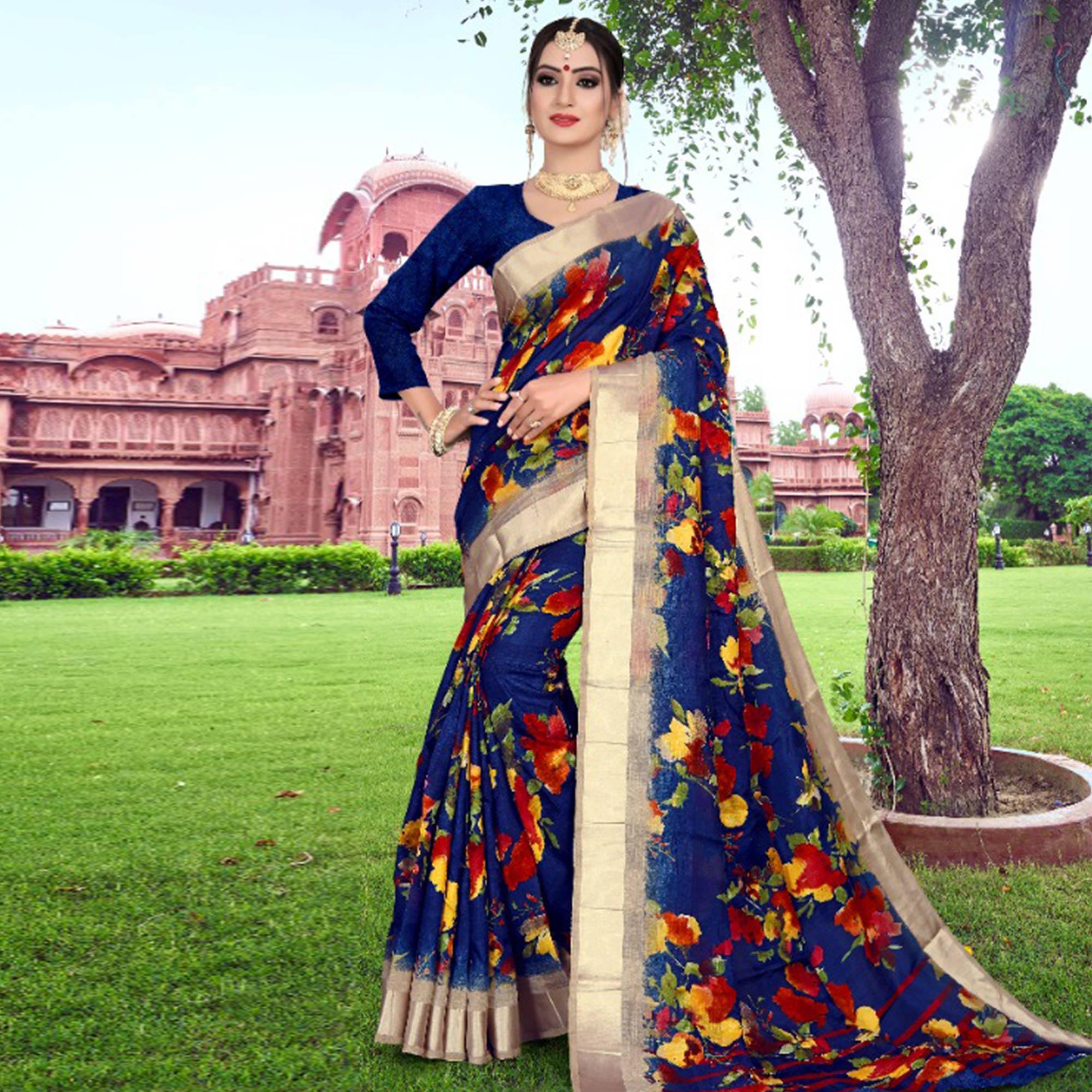 Classy Royal Blue Colored Casual Printed Cotton Saree - Peachmode