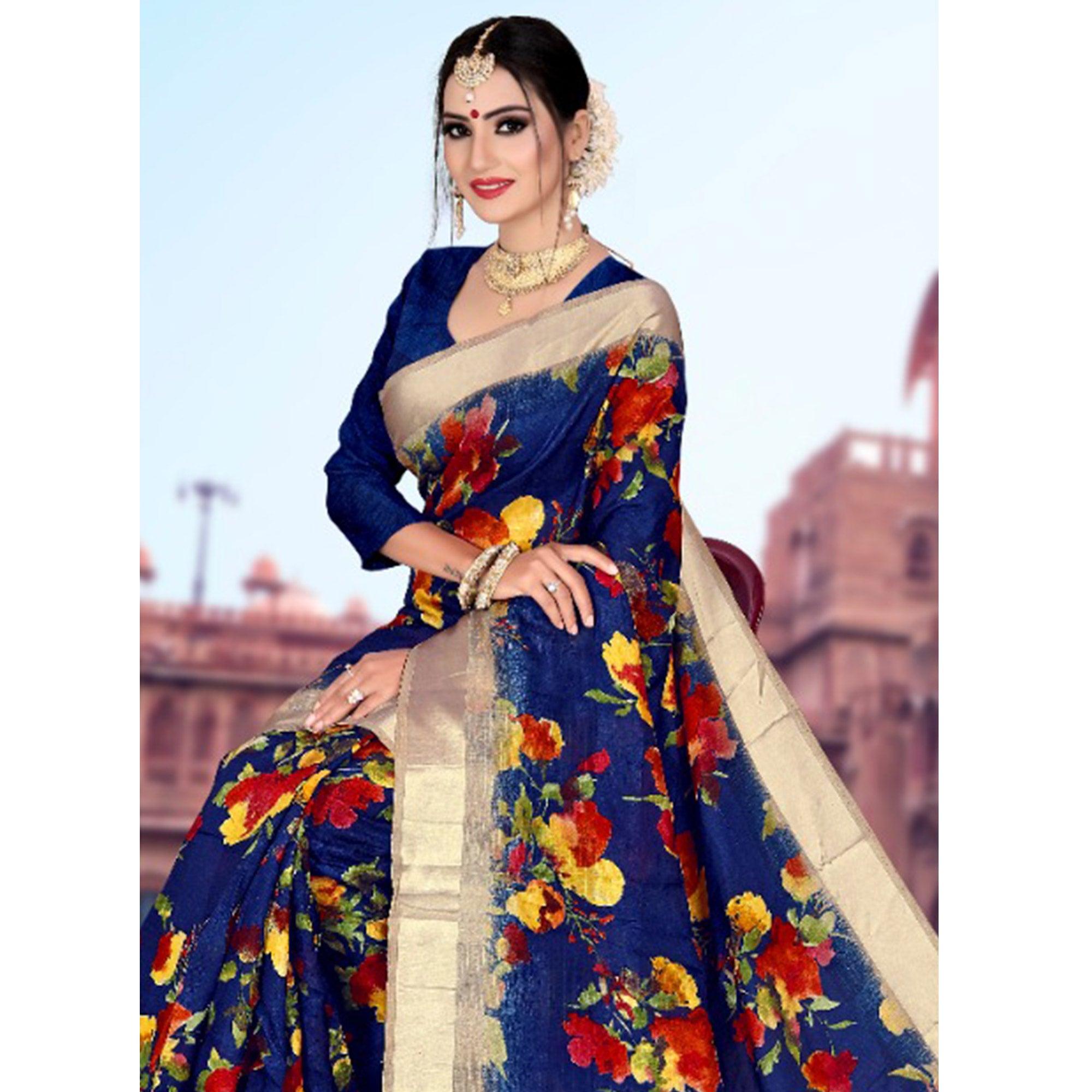Classy Royal Blue Colored Casual Printed Cotton Saree - Peachmode